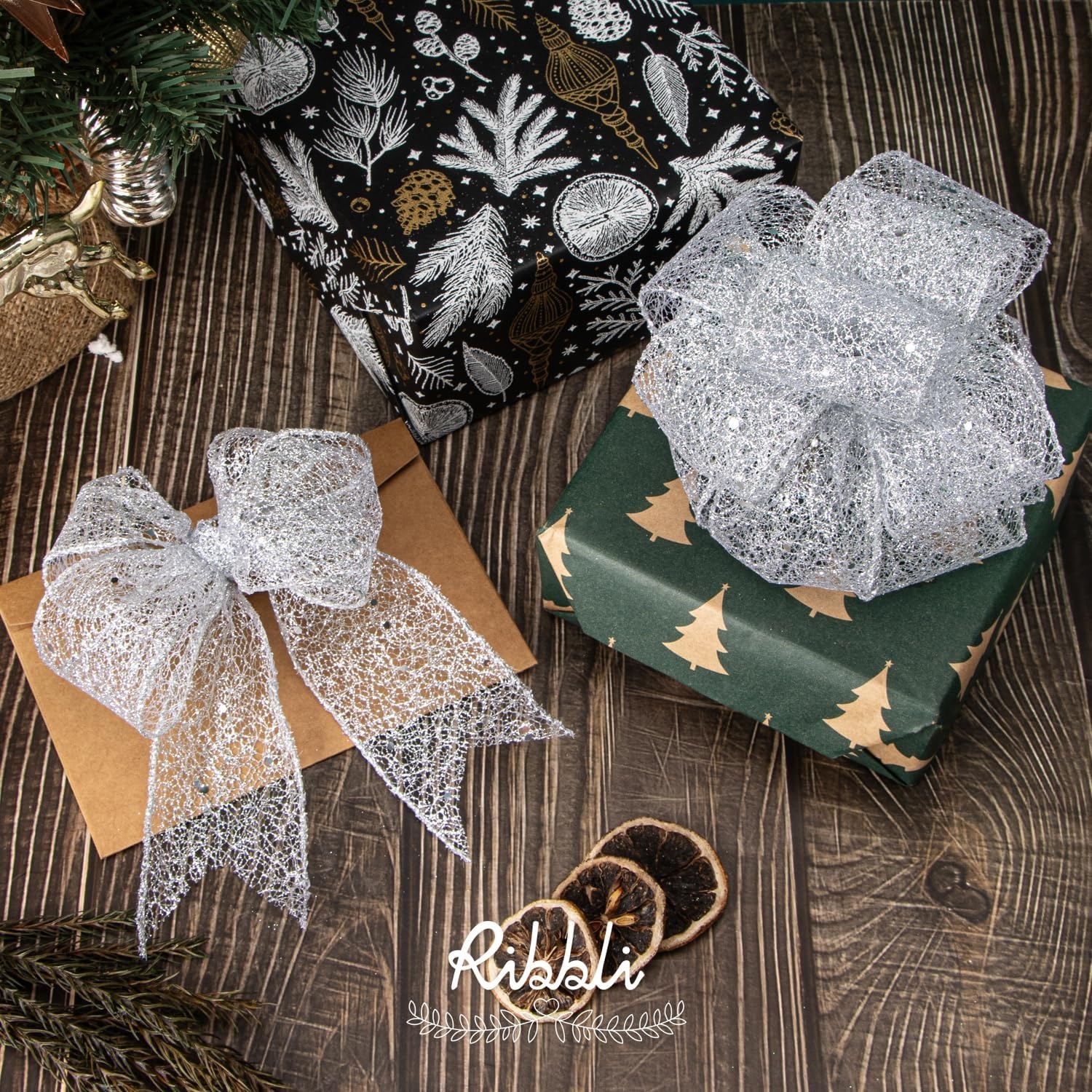 Ribbli Gold Glitter Wired Ribbon for Christmas Tree Fine Mesh Sparkling 2.5 Inch x 10 Yard Christmas Wired Ribbon for Gift Wrapping Crafts Wreath Supplies(Silver)