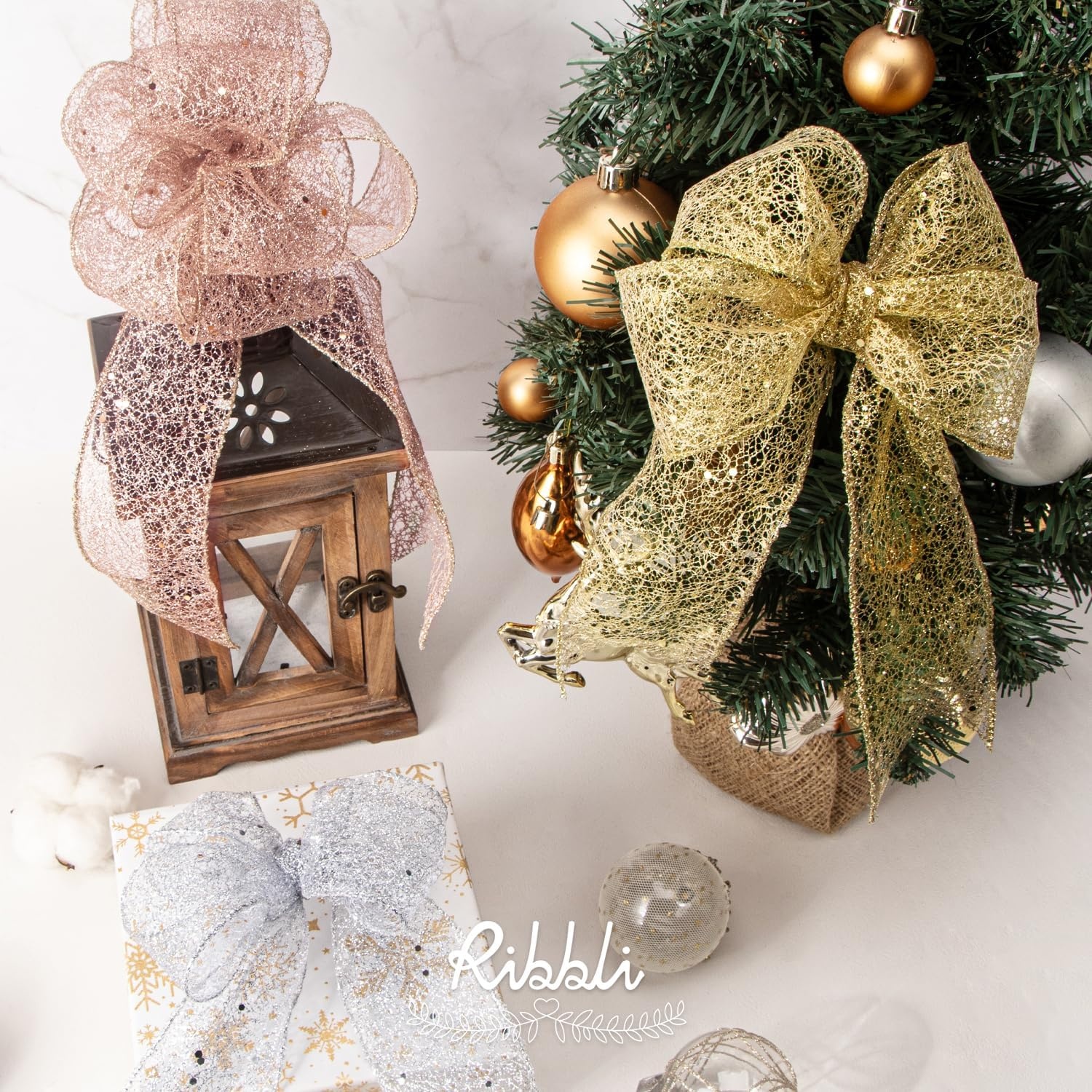 Ribbli Gold Glitter Wired Ribbon for Christmas Tree Fine Mesh Sparkling 2.5 Inch x 10 Yard Christmas Wired Ribbon for Gift Wrapping Crafts Wreath Supplies(Silver)