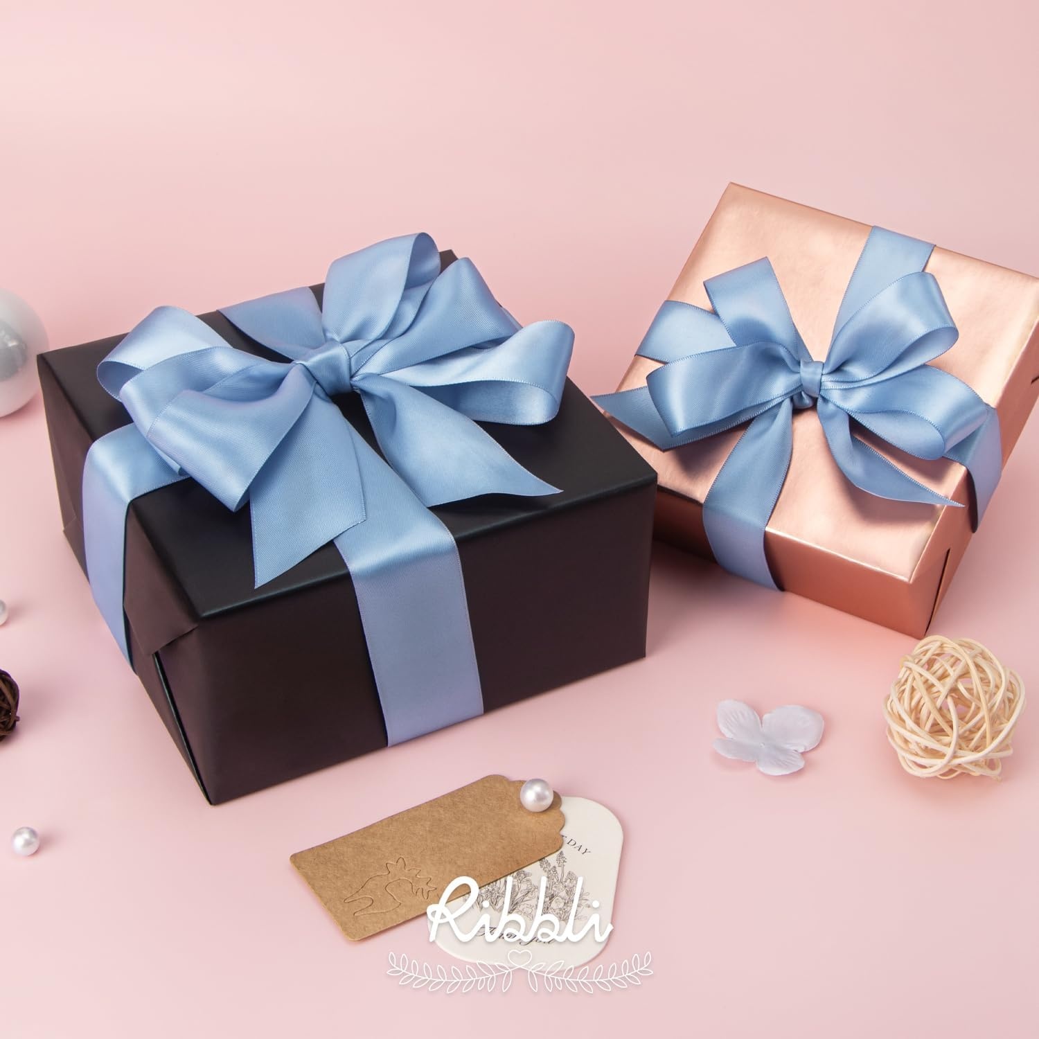 Ribbli Double Faced Rose Gold Satin Ribbon,3/8 x Continuous 25 Yards,Use for Bows Bouquet,Gift Wrapping,Floral Arrangement(Blue Dusty)