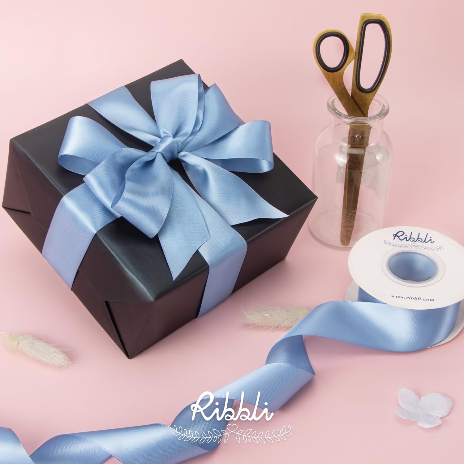 Ribbli Double Faced Rose Gold Satin Ribbon,3/8 x Continuous 25 Yards,Use for Bows Bouquet,Gift Wrapping,Floral Arrangement(Blue Dusty)