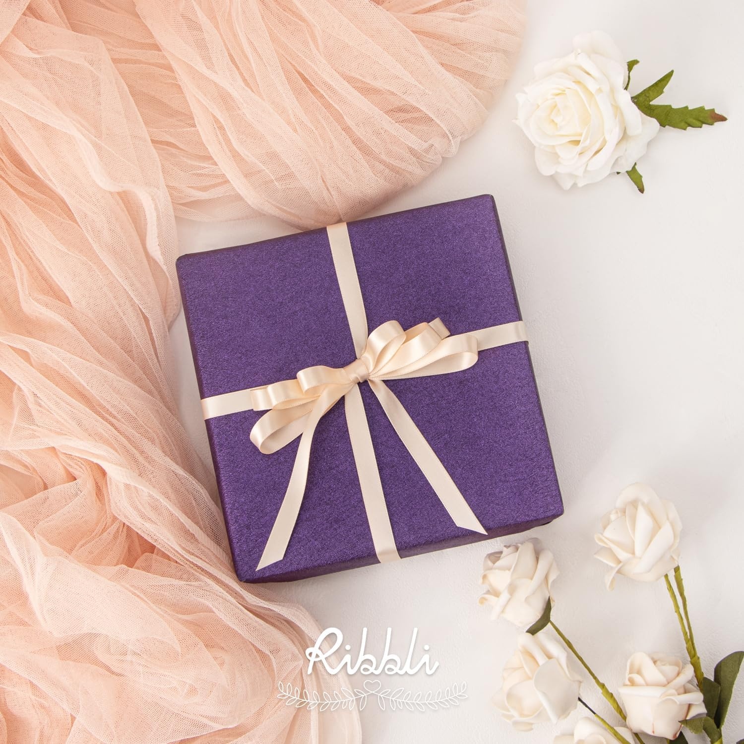 Ribbli Champagne Gold Satin Ribbon Double Faced Satin 3/8 Inch x Continuous 50 Yards-Champagne Ribbon for Gift Wrapping Crafts Wedding Decoration Bows Bouquet Floral Arrangement(Champagne Light)