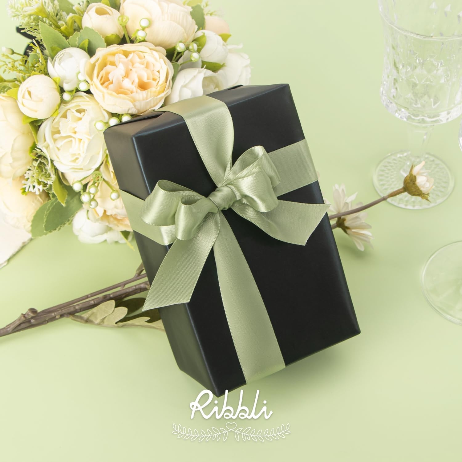 Ribbli Double Faced Rose Gold Satin Ribbon,3/8 x Continuous 25 Yards,Use for Bows Bouquet,Gift Wrapping,Floral Arrangement(Green Dusty Sage)