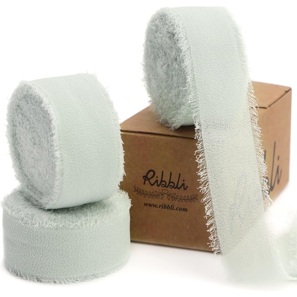 Ribbli Creamy Sage Ribbon 1 Inch x 3 Rolls Total 24 Yards Light Green Handmade Fringe Chiffon Silk Ribbon for Wrapping Wedding Invitations Bridal Bouquets DIY Crafts Home Decor(Creamy Sage)