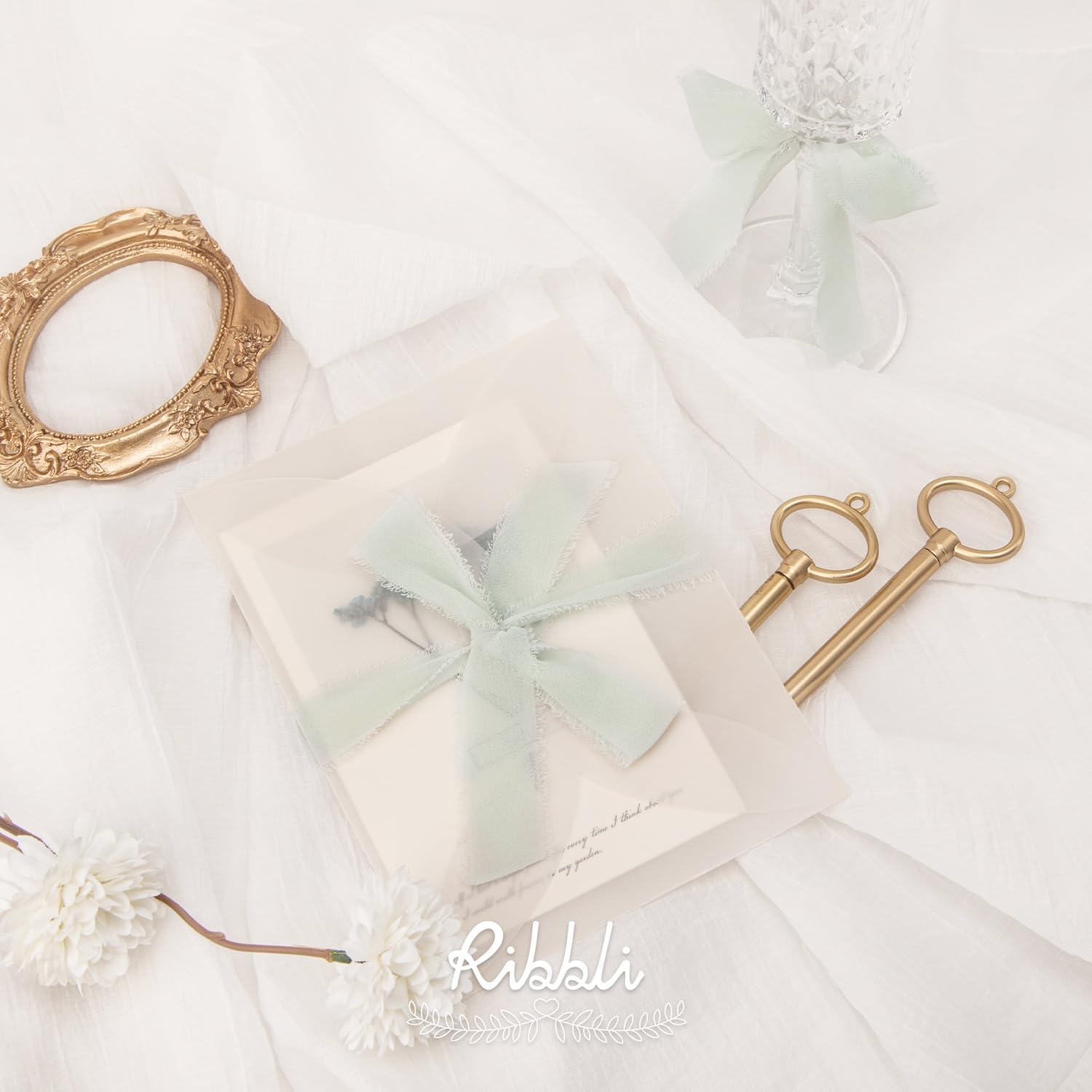 Ribbli Creamy Sage Ribbon 1 Inch x 3 Rolls Total 24 Yards Light Green Handmade Fringe Chiffon Silk Ribbon for Wrapping Wedding Invitations Bridal Bouquets DIY Crafts Home Decor(Creamy Sage)