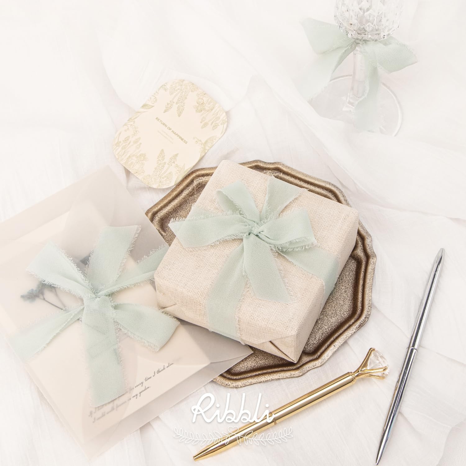 Ribbli Creamy Sage Ribbon 1 Inch x 3 Rolls Total 24 Yards Light Green Handmade Fringe Chiffon Silk Ribbon for Wrapping Wedding Invitations Bridal Bouquets DIY Crafts Home Decor(Creamy Sage)