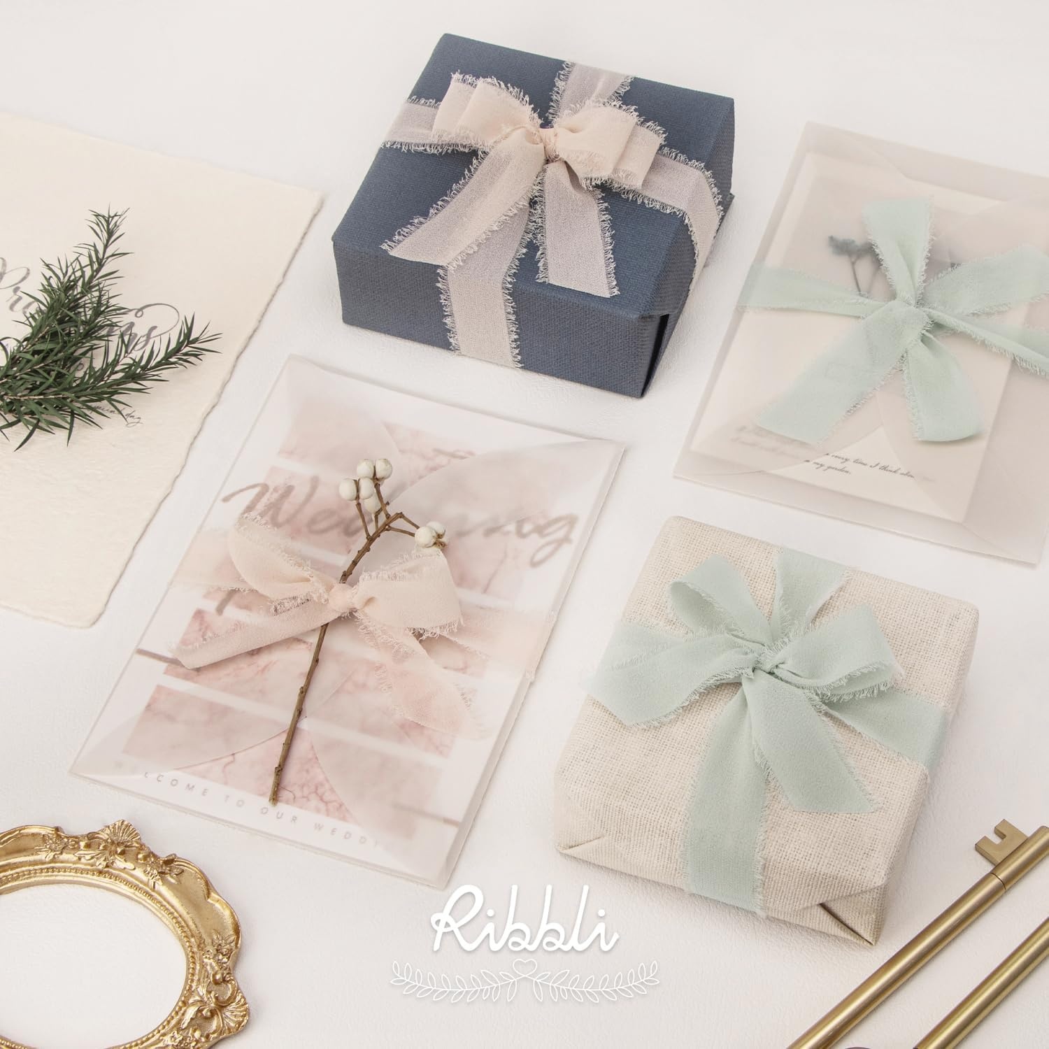 Ribbli Creamy Sage Ribbon 1 Inch x 3 Rolls Total 24 Yards Light Green Handmade Fringe Chiffon Silk Ribbon for Wrapping Wedding Invitations Bridal Bouquets DIY Crafts Home Decor(Creamy Sage)