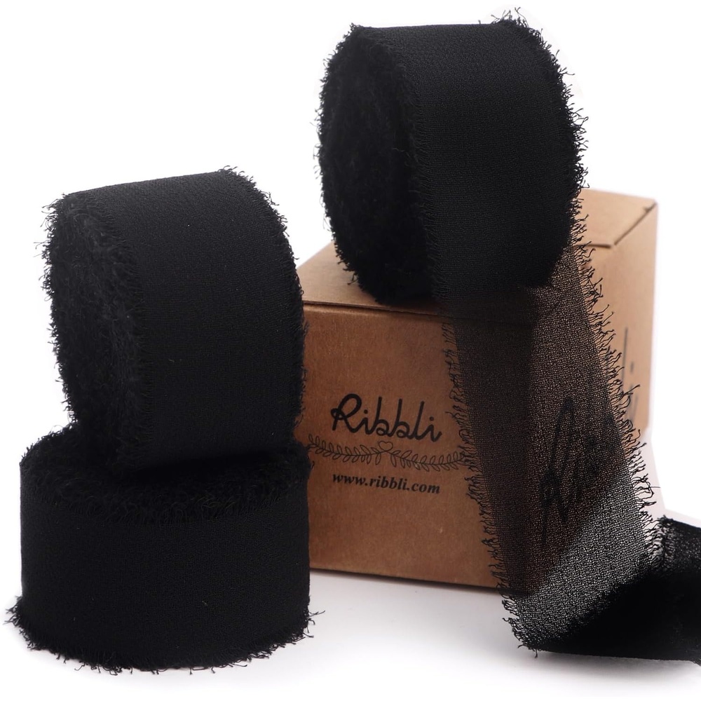 Ribbli Creamy Sage Ribbon 1 Inch x 3 Rolls Total 24 Yards Light Green Handmade Fringe Chiffon Silk Ribbon for Wrapping Wedding Invitations Bridal Bouquets DIY Crafts Home Decor(Black)