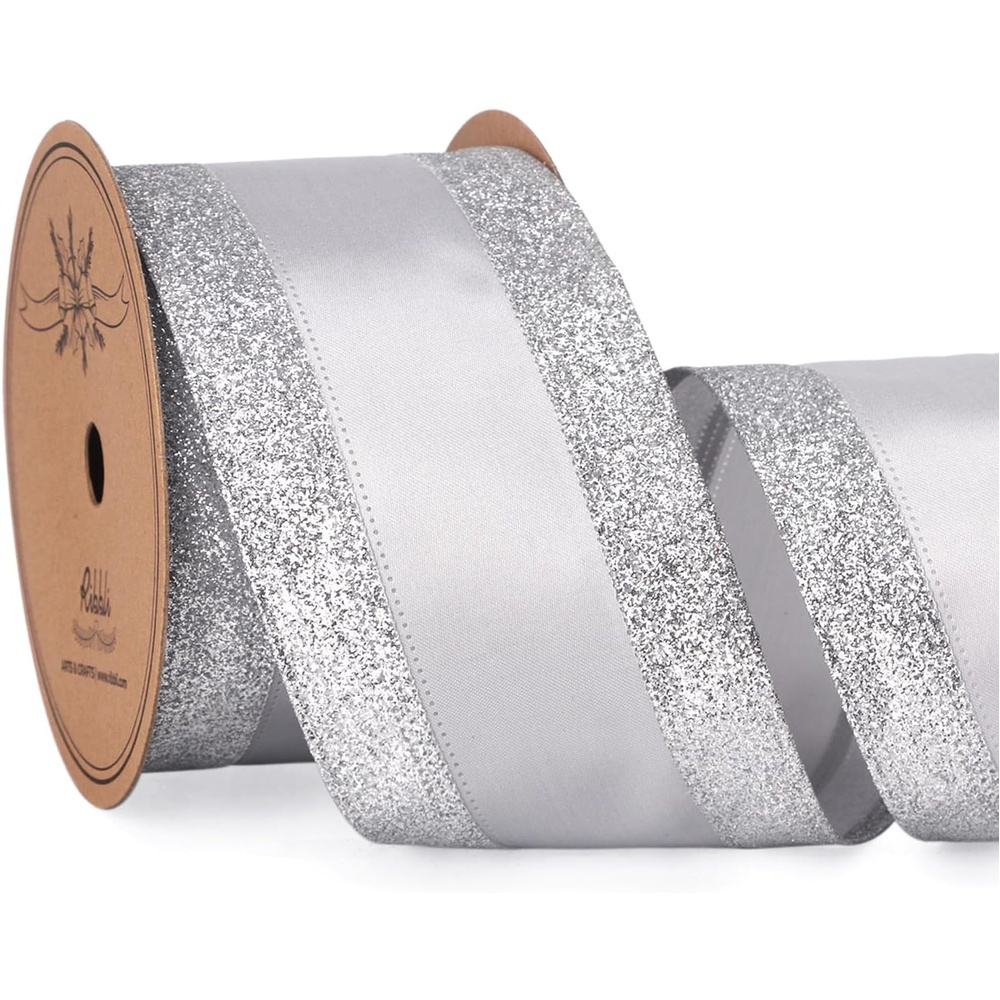Ribbli Champagne Gold Wired Ribbon Satin with Glitter Edge 2.5 Inch Champagne Christmas Ribbon for Tree Gift Wrapping Wreaths Garland Topper Bows Crafts Home Decor -10 Yards(Silver)