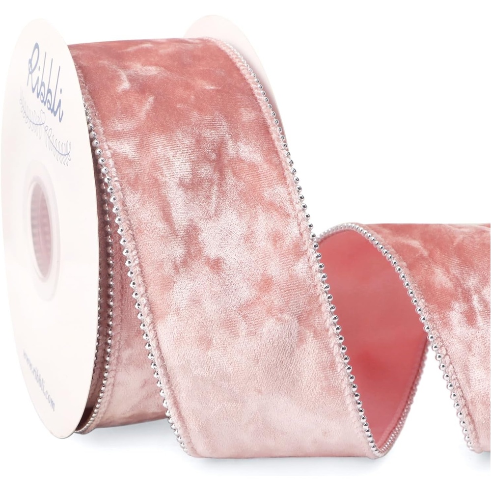 Ribbli Red Crushed Velvet Wired Ribbon with Beaded Pearl Edge, 2-1/2 Inch 10-Yard for Gift Wrapping Christmas Tree Decoration Crafts Wreaths Supplies(Light Pink)