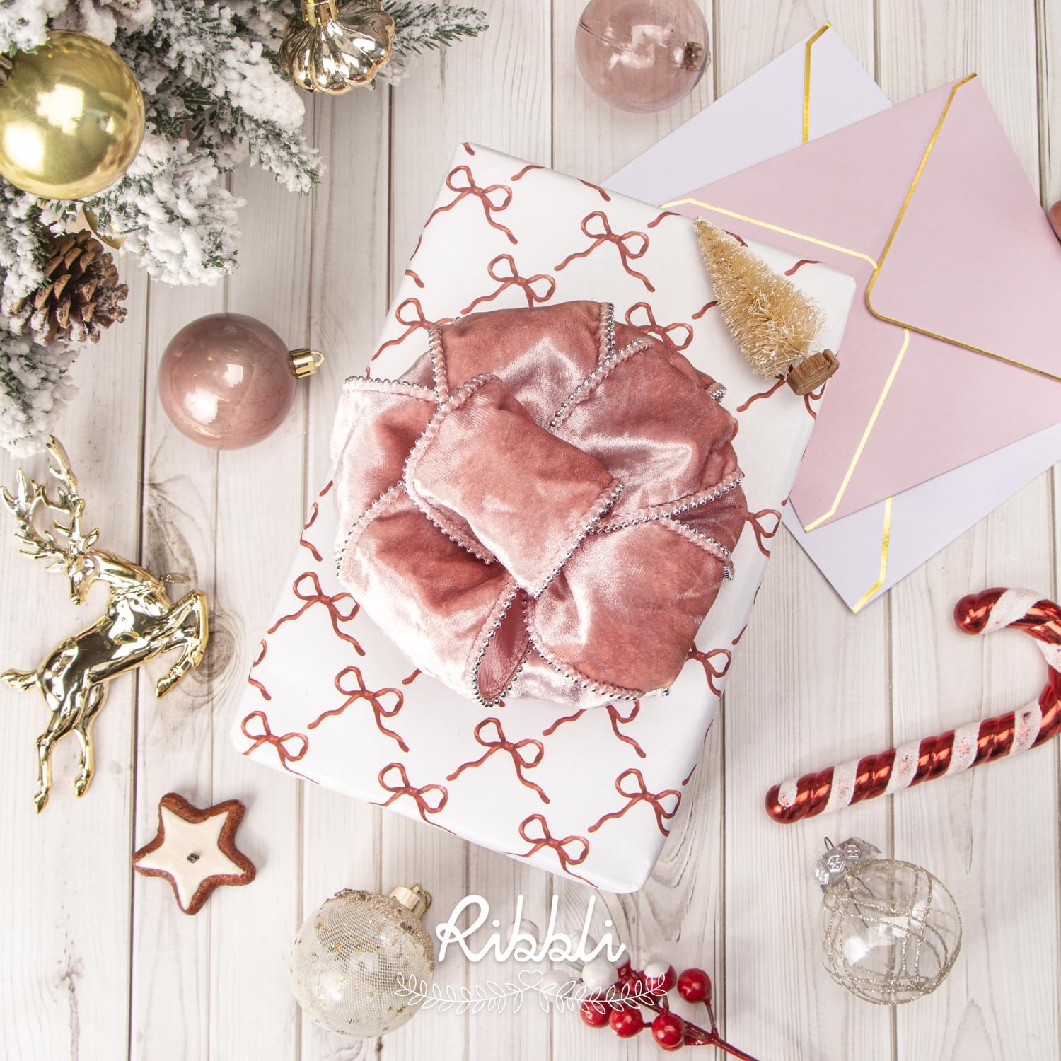 Ribbli Red Crushed Velvet Wired Ribbon with Beaded Pearl Edge, 2-1/2 Inch 10-Yard for Gift Wrapping Christmas Tree Decoration Crafts Wreaths Supplies(Light Pink)