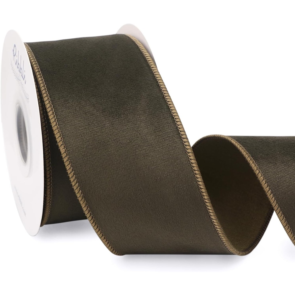 Ribbli Sage Green Velvet Wired Ribbon with Dupioni 4 Inch Christmas Ribbon for Gift Wrapping Christmas Tree Decoration Crafts Wreaths Supplies-Continuous 10 Yards(Moss Green)