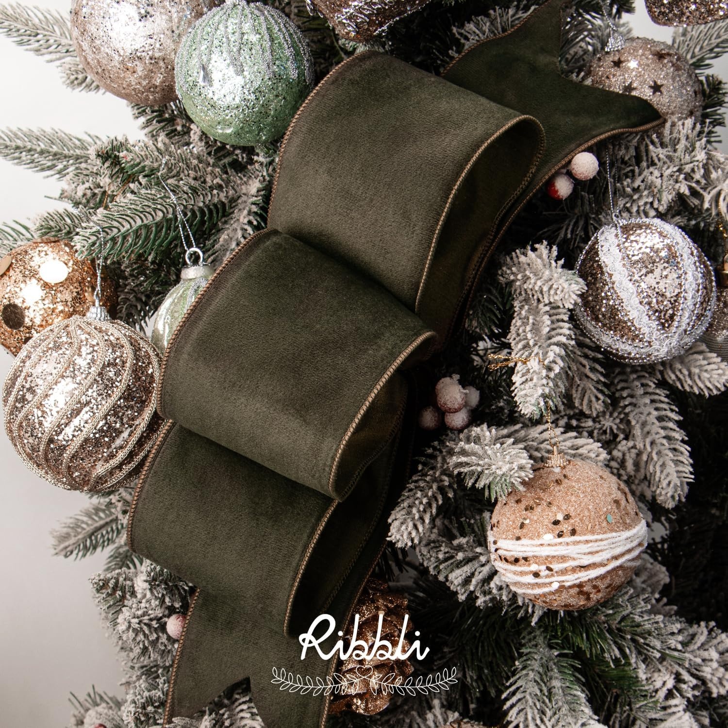 Ribbli Sage Green Velvet Wired Ribbon with Dupioni 4 Inch Christmas Ribbon for Gift Wrapping Christmas Tree Decoration Crafts Wreaths Supplies-Continuous 10 Yards(Moss Green)