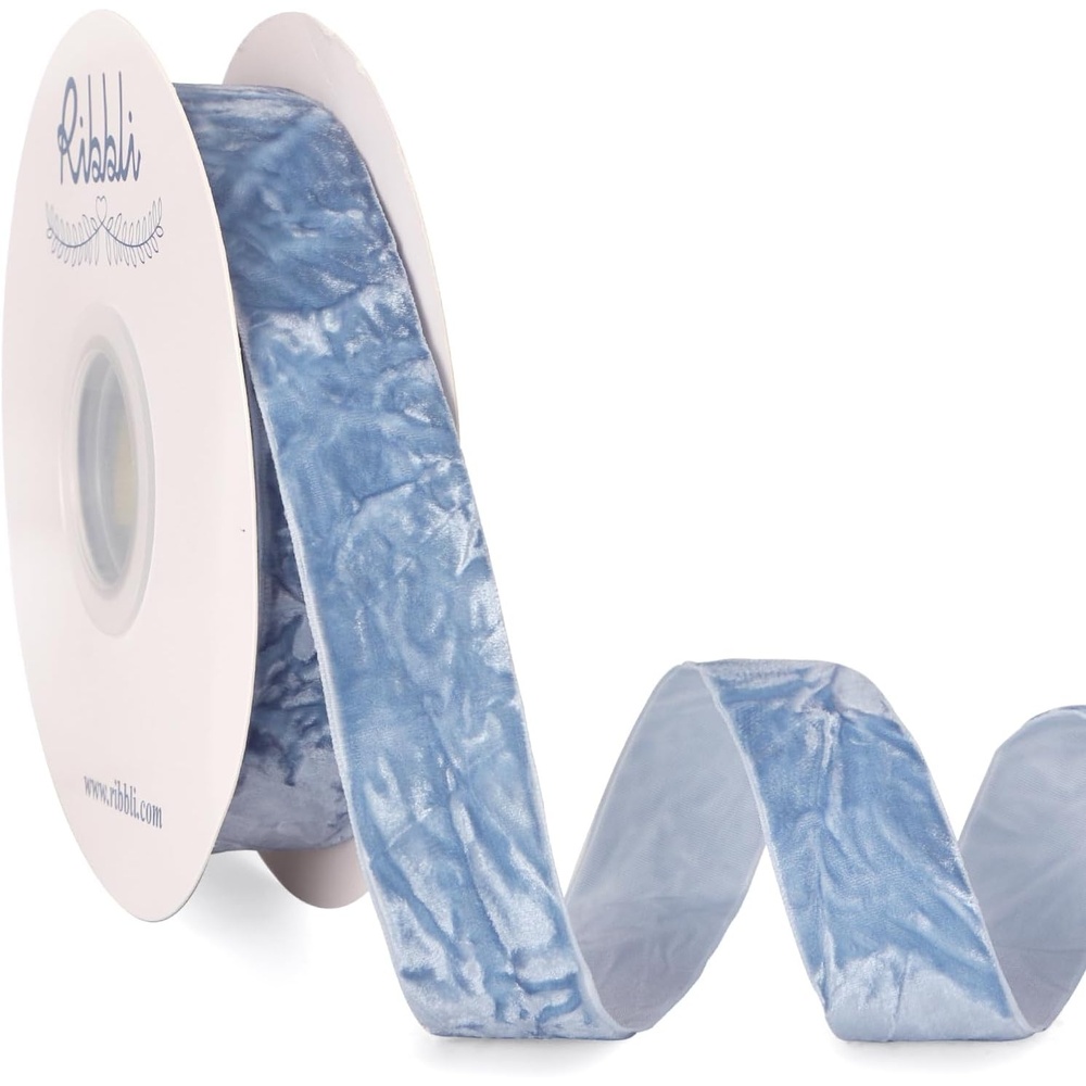 Ribbli Dusty Blue Velvet Ribbon 1 Inches Luxury Crinkled Blue Christmas Ribbon for Gift Wrapping Crafts Home Decor-Continuous 10 Yard(Dusty Blue)
