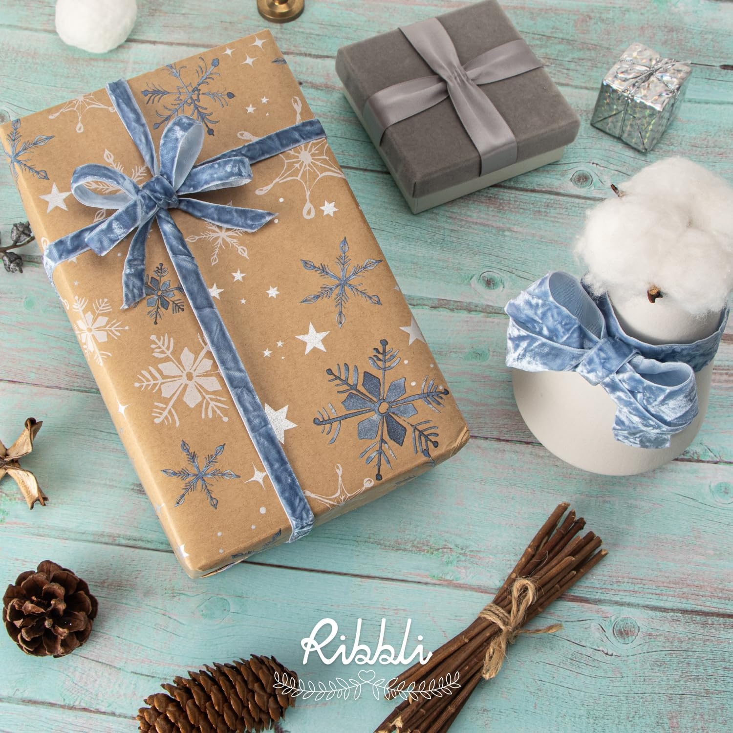 Ribbli Dusty Blue Velvet Ribbon 1 Inches Luxury Crinkled Blue Christmas Ribbon for Gift Wrapping Crafts Home Decor-Continuous 10 Yard(Dusty Blue)