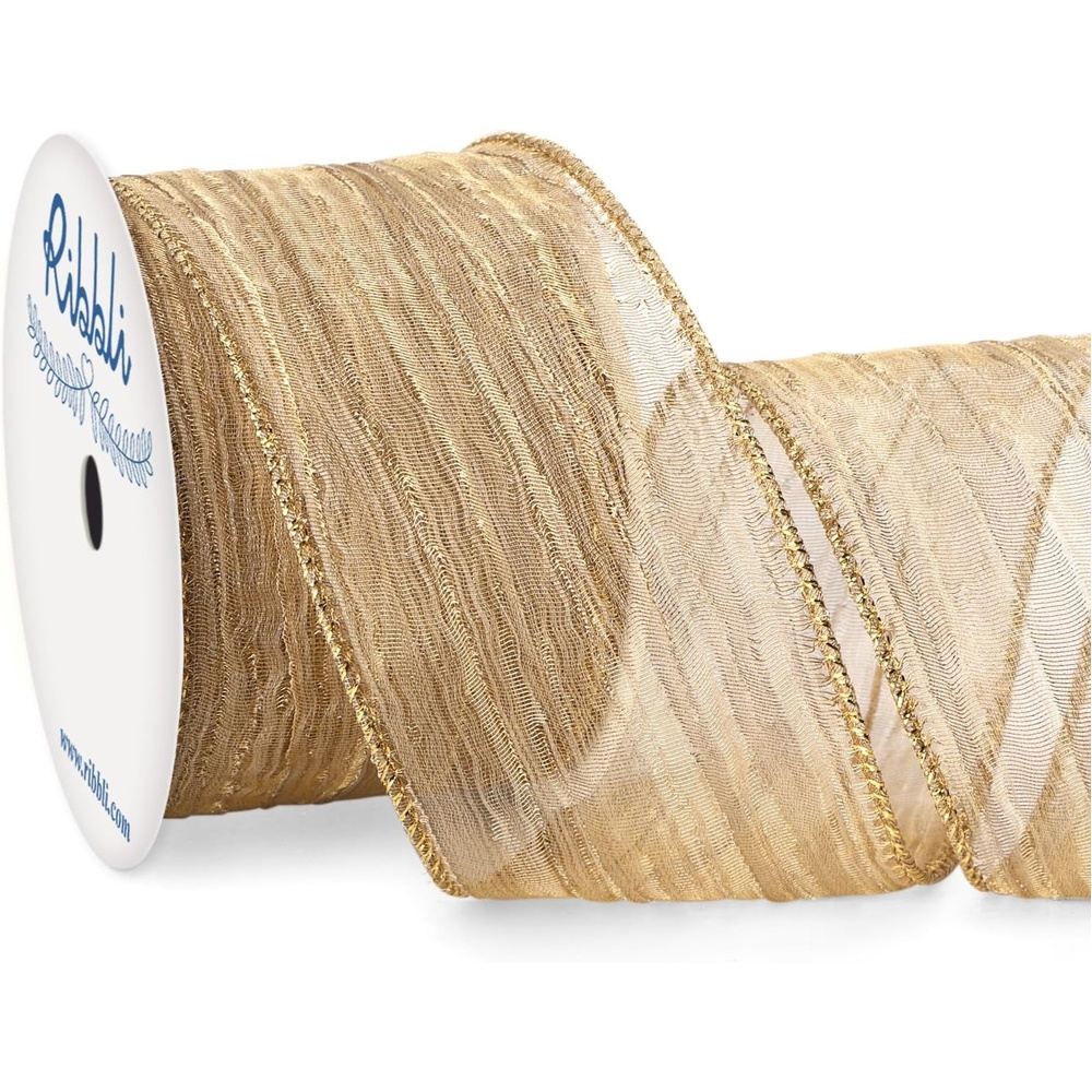 Ribbli Gold Crinkled Wired Ribbon 2.5 Inch with Metallic Wavy Christmas Ribbon for Cristmas Tree Topper Bow Wreaths Swags Gift Wrapping Wedding Decoration-Countinuous 10 Yard(Champagne Gold)