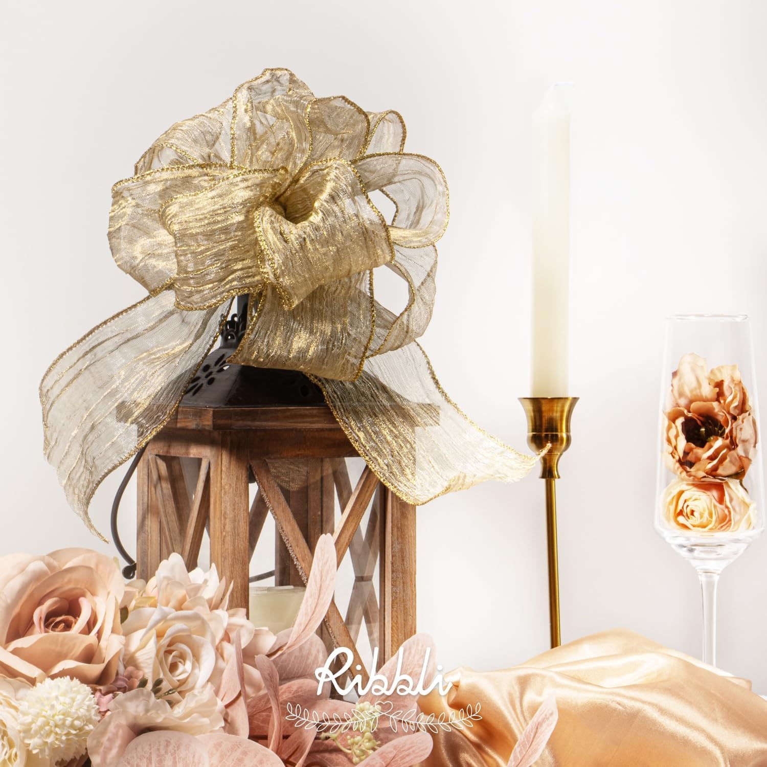 Ribbli Gold Crinkled Wired Ribbon 2.5 Inch with Metallic Wavy Christmas Ribbon for Cristmas Tree Topper Bow Wreaths Swags Gift Wrapping Wedding Decoration-Countinuous 10 Yard(Champagne Gold)