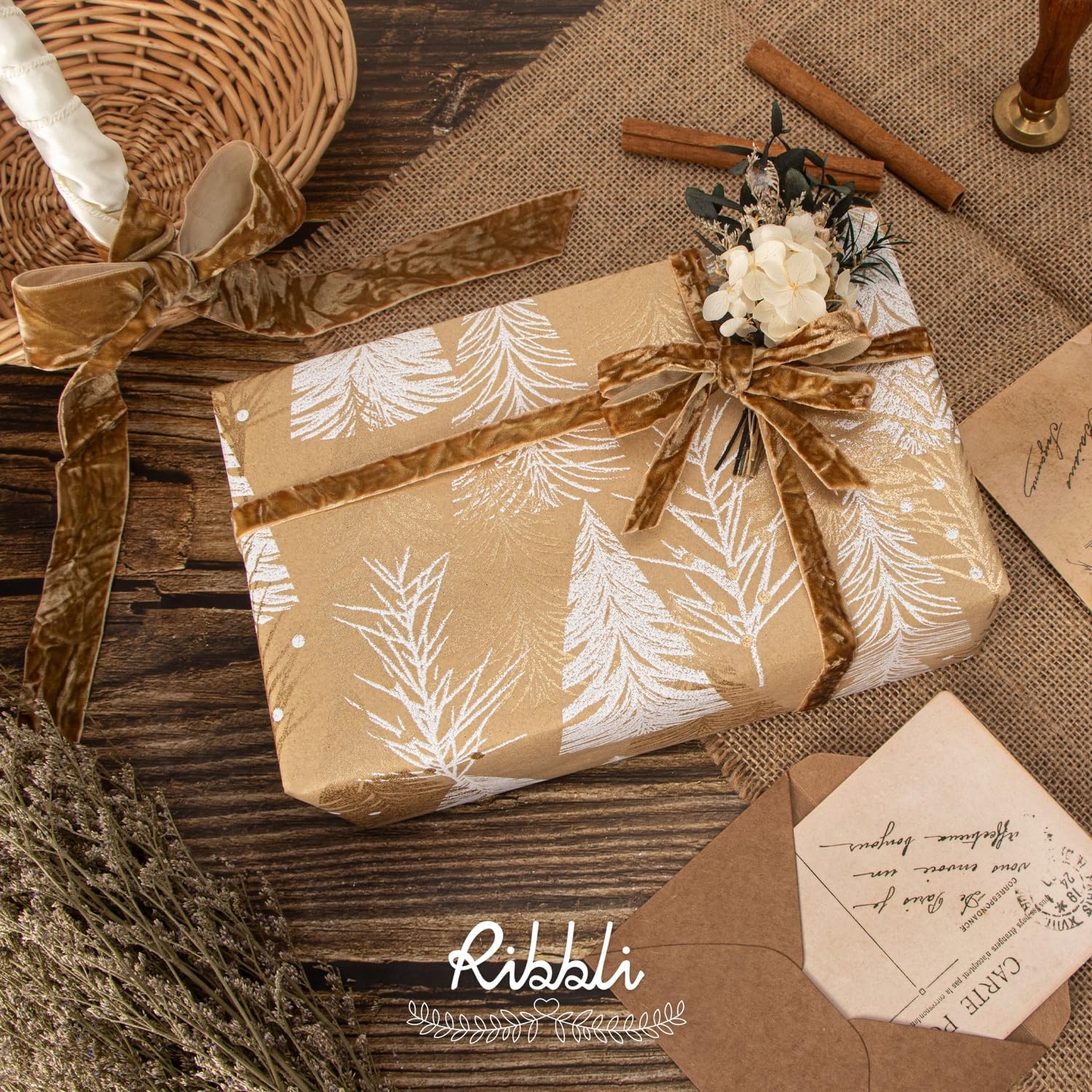 Ribbli Dusty Blue Velvet Ribbon 1 Inches Luxury Crinkled Blue Christmas Ribbon for Gift Wrapping Crafts Home Decor-Continuous 10 Yard(Khaki)