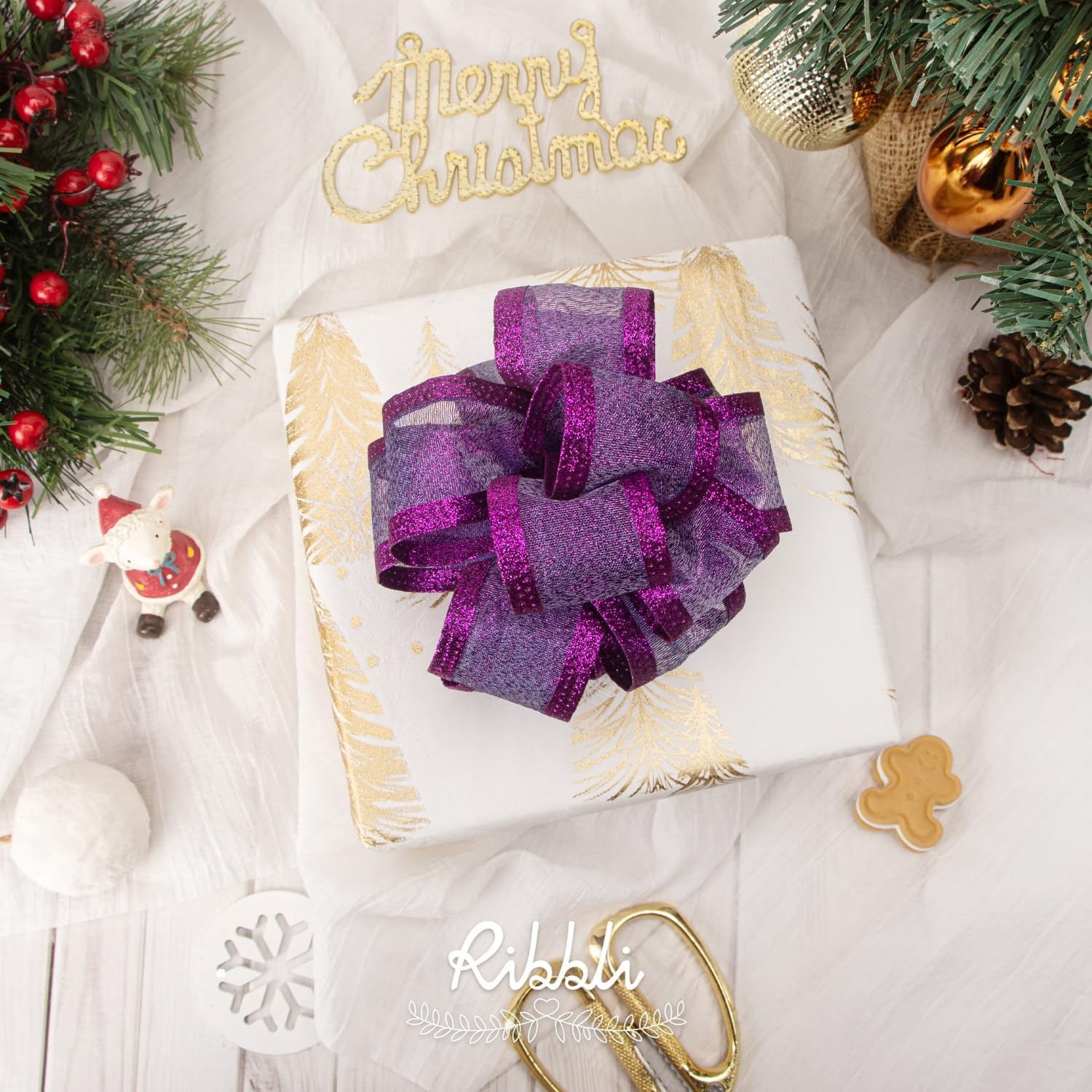Ribbli Red Christmas Wired Ribbon, Metallic Wired Ribbon with Glitter Edge 2-1/2 Inch x 10 Yard for Christmas Tree Decoration, Gift Wrapping, Wreaths Supplies, Swag, Holiday Decor(Purple)
