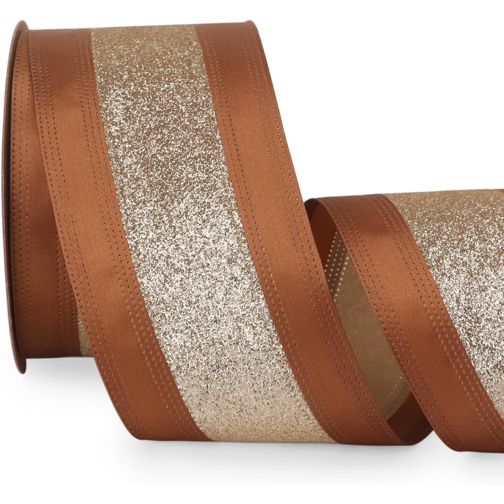 Ribbli Champagne Wired Ribbon Ivory Satin with Champagne Glitter Edge 2.5 Inch Christmas Ribbon for Tree Gift Wrapping Wreaths Garland Topper Bows Crafts Home Decor -10 Yards(Copper/Champagne)
