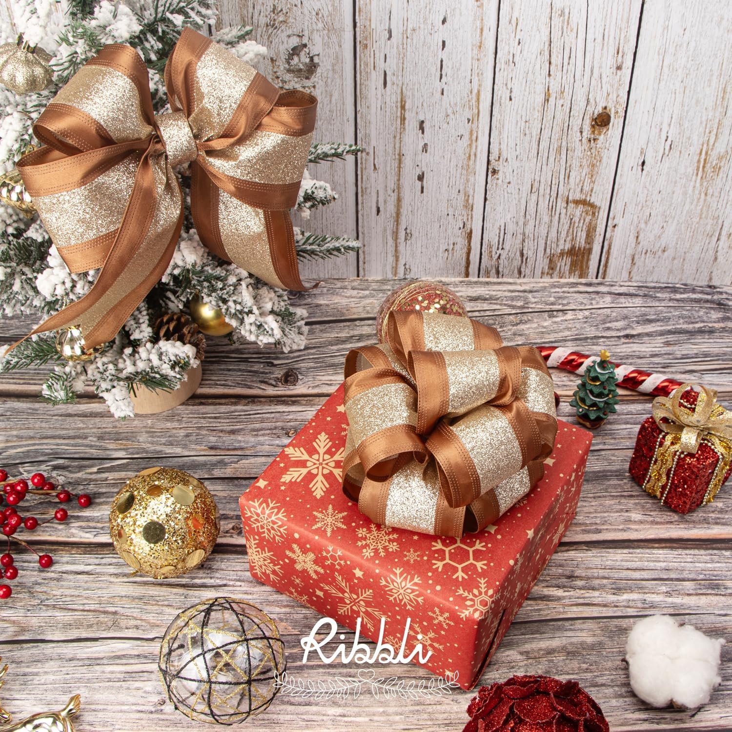Ribbli Champagne Wired Ribbon Ivory Satin with Champagne Glitter Edge 2.5 Inch Christmas Ribbon for Tree Gift Wrapping Wreaths Garland Topper Bows Crafts Home Decor -10 Yards(Copper/Champagne)