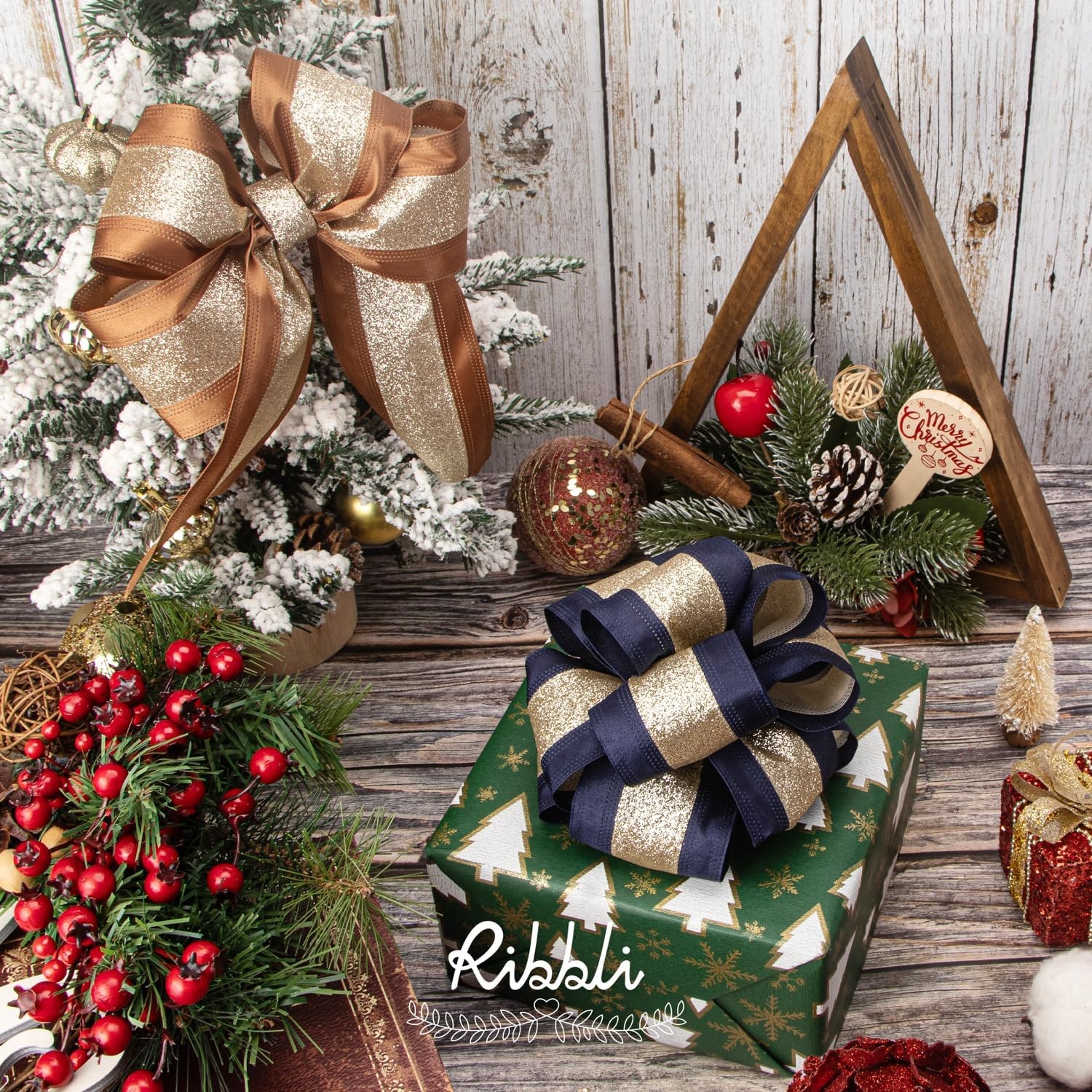 Ribbli Champagne Wired Ribbon Ivory Satin with Champagne Glitter Edge 2.5 Inch Christmas Ribbon for Tree Gift Wrapping Wreaths Garland Topper Bows Crafts Home Decor -10 Yards(Copper/Champagne)