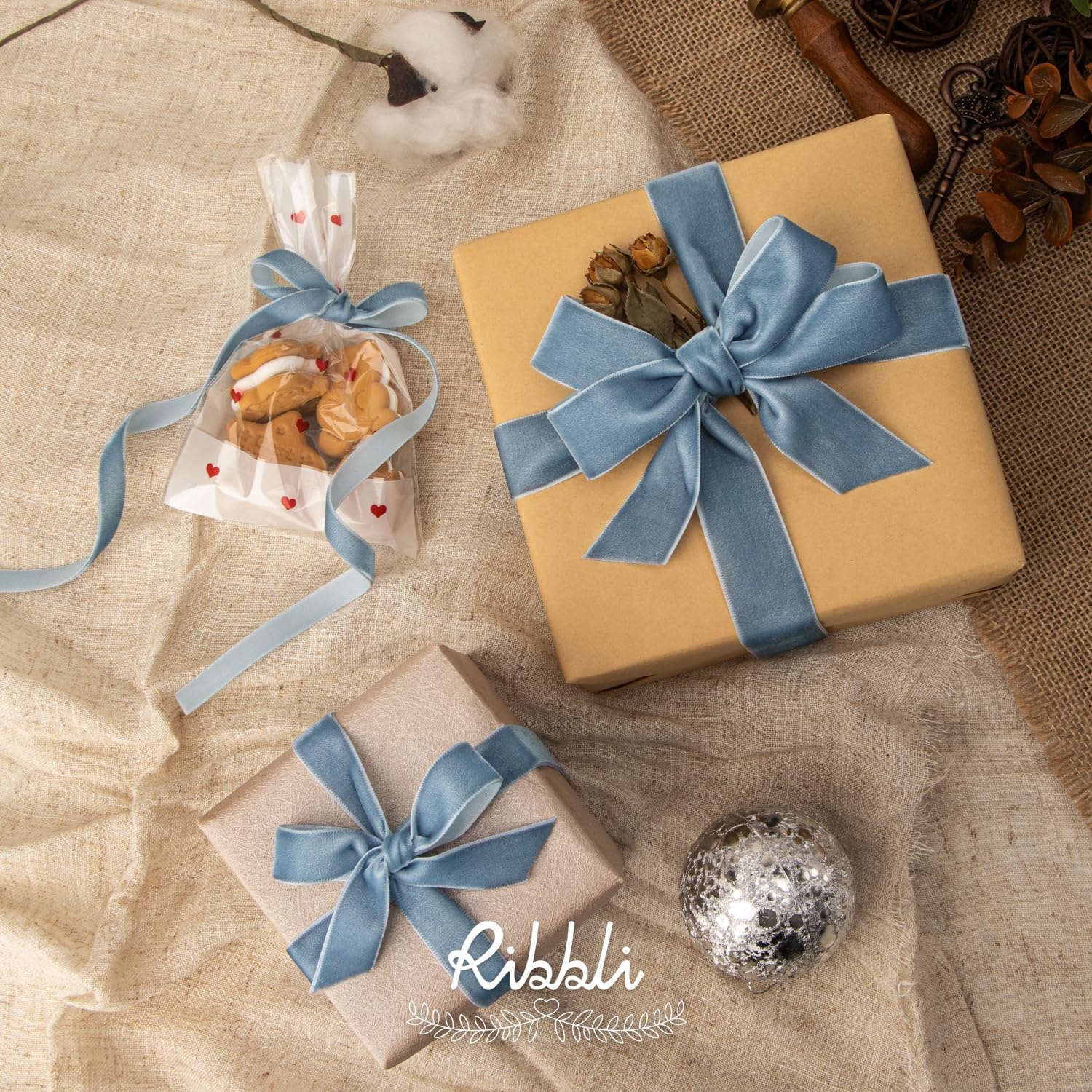 Ribbli Sage Green Velvet Ribbon 1/8 Inches Continuous 25 Yard Spool Sage Green Christmas Ribbon for Gift Wrapping Crafts Home Decor(Dusty Blue)