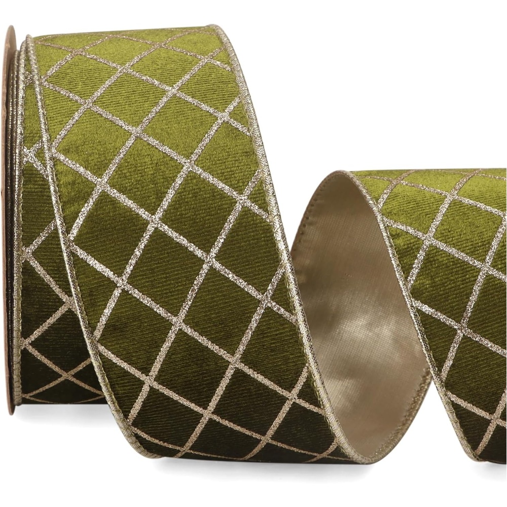 Ribbli Dusty Green Velvet Ribbon Wired with Glitter Diamond Grid 2-1/2 Inch Christmas Ribbon for Christmas Tree Decoration Big Bow Gift Wrapping Crafts Wreaths Garland Supplies – 10 Yards(Moss Green)
