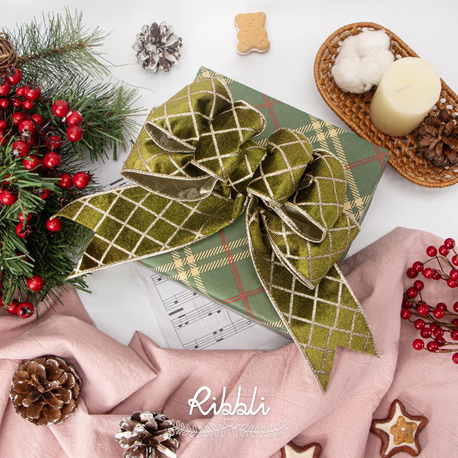 Ribbli Dusty Green Velvet Ribbon Wired with Glitter Diamond Grid 2-1/2 Inch Christmas Ribbon for Christmas Tree Decoration Big Bow Gift Wrapping Crafts Wreaths Garland Supplies – 10 Yards(Moss Green)