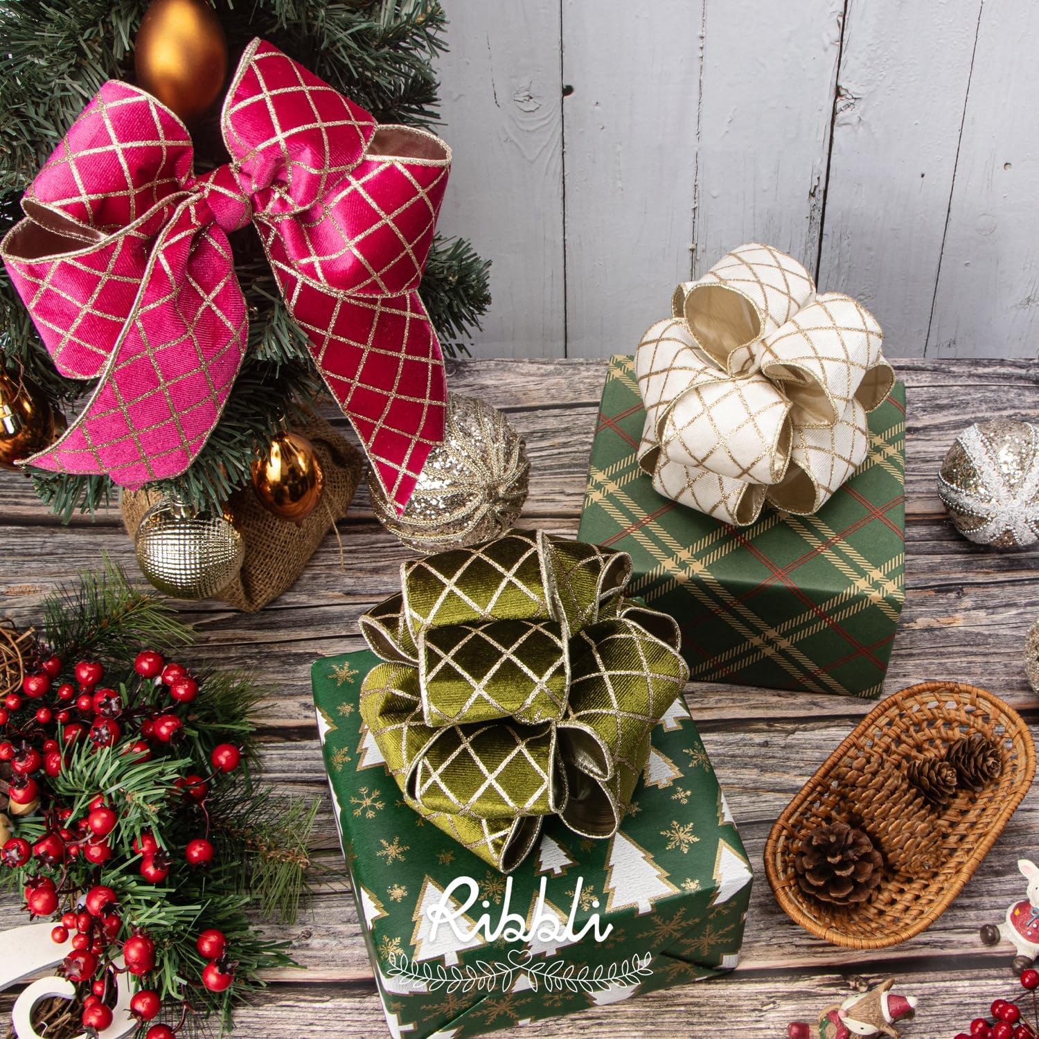Ribbli Dusty Green Velvet Ribbon Wired with Glitter Diamond Grid 2-1/2 Inch Christmas Ribbon for Christmas Tree Decoration Big Bow Gift Wrapping Crafts Wreaths Garland Supplies – 10 Yards(Moss Green)