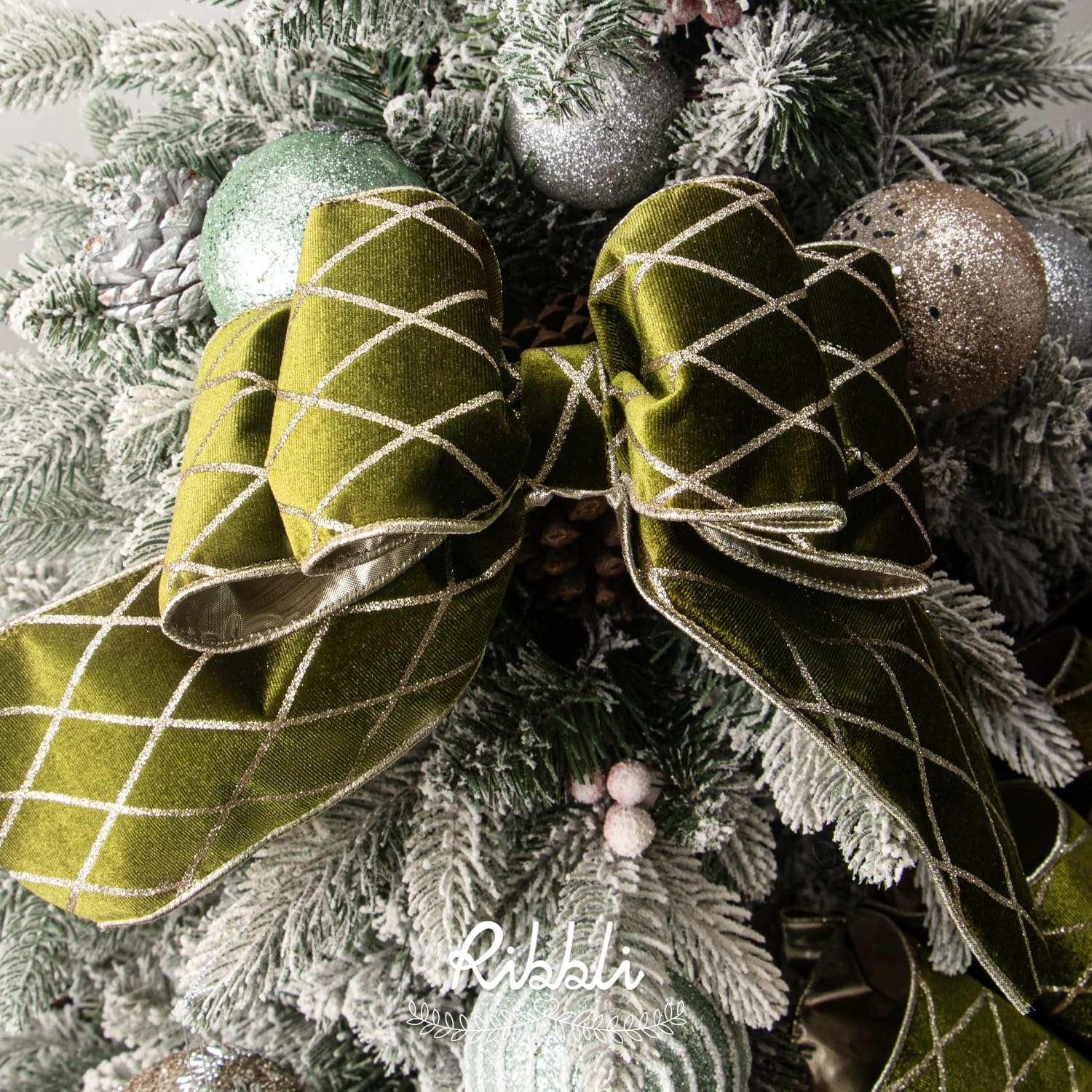 Ribbli Dusty Green Velvet Ribbon Wired with Glitter Diamond Grid 2-1/2 Inch Christmas Ribbon for Christmas Tree Decoration Big Bow Gift Wrapping Crafts Wreaths Garland Supplies – 10 Yards(Moss Green)
