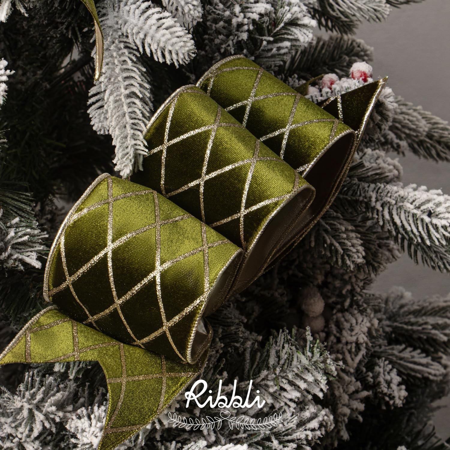 Ribbli Dusty Green Velvet Ribbon Wired with Glitter Diamond Grid 2-1/2 Inch Christmas Ribbon for Christmas Tree Decoration Big Bow Gift Wrapping Crafts Wreaths Garland Supplies – 10 Yards(Moss Green)