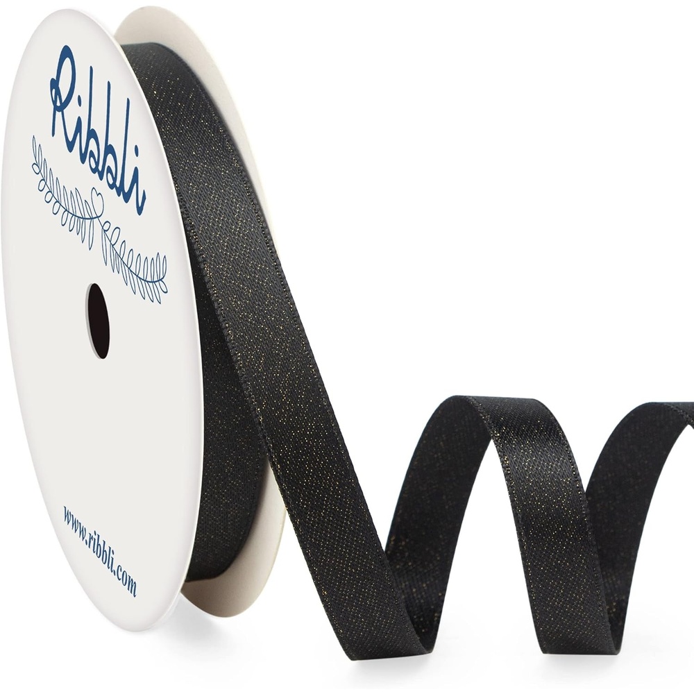 Ribbli Black Double Faced Purl Ribbon, Luxury Glitter, 3/8 Inch x 10 Yard, Wedding Ribbon for Crafts, Gift Wrapping & Bottle Decoration(Black)