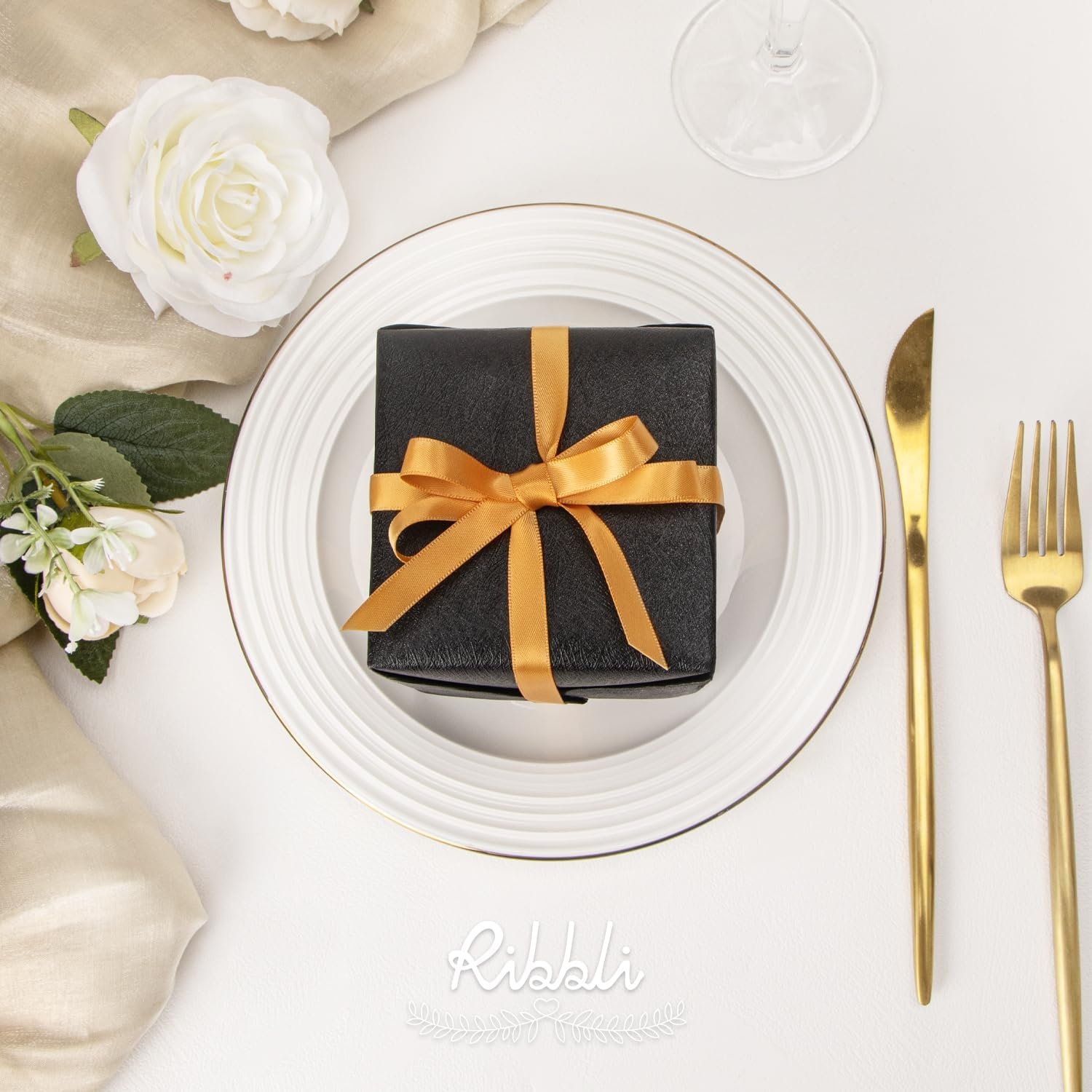 Ribbli Champagne Gold Satin Ribbon Double Faced Satin 3/8 Inch x Continuous 50 Yards-Champagne Ribbon for Gift Wrapping Crafts Wedding Decoration Bows Bouquet Floral Arrangement(Gold Old)