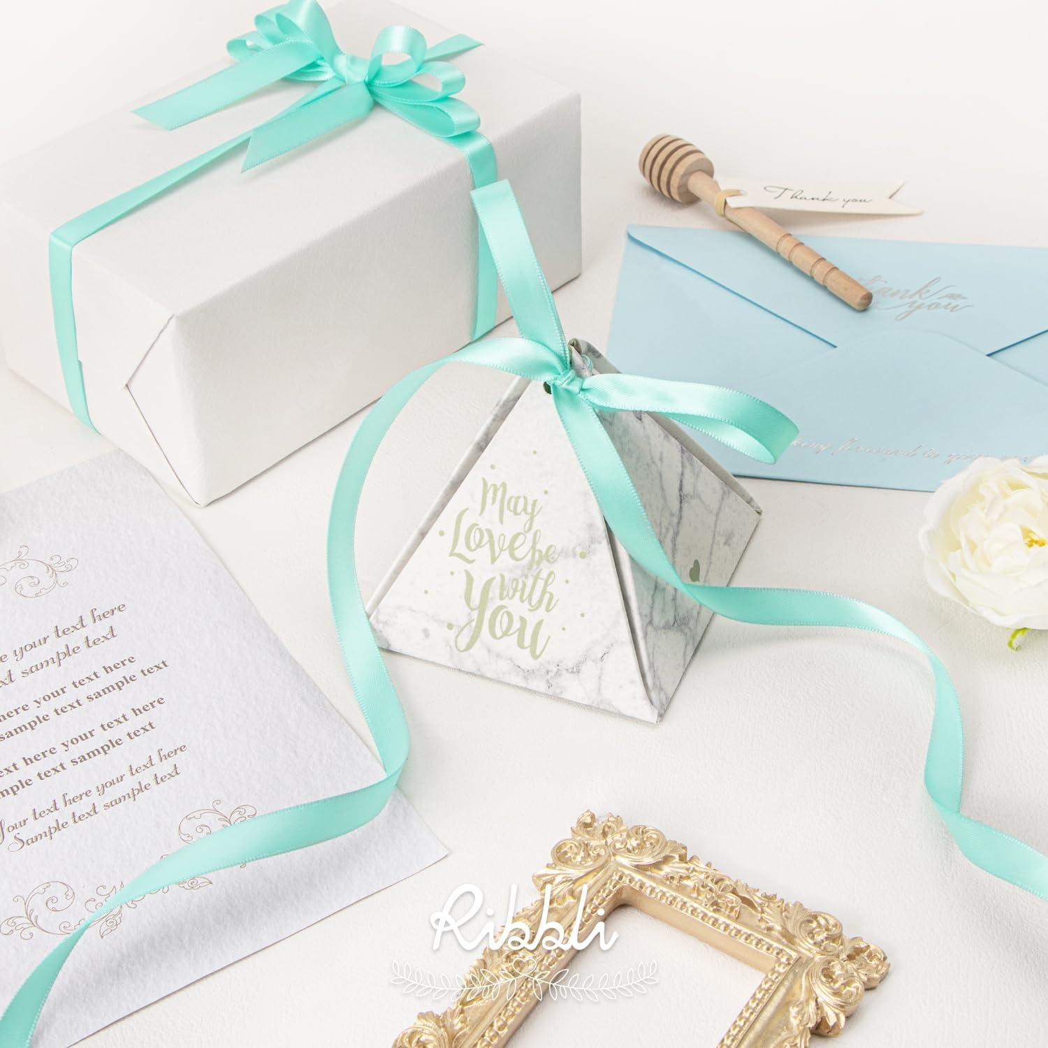 Ribbli Champagne Gold Satin Ribbon Double Faced Satin 3/8 Inch x Continuous 50 Yards-Champagne Ribbon for Gift Wrapping Crafts Wedding Decoration Bows Bouquet Floral Arrangement(Blue Aqua)