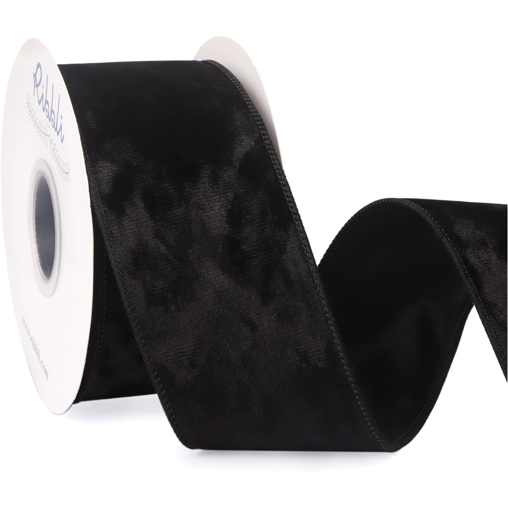 Ribbli Royal Blue Velvet Wired Ribbon 4 Inch Crushed Velvet Christmas Ribbon for Gift Wrapping Christmas Tree Decoration Crafts Wreaths Supplies-Continuous 10 Yards(Black)