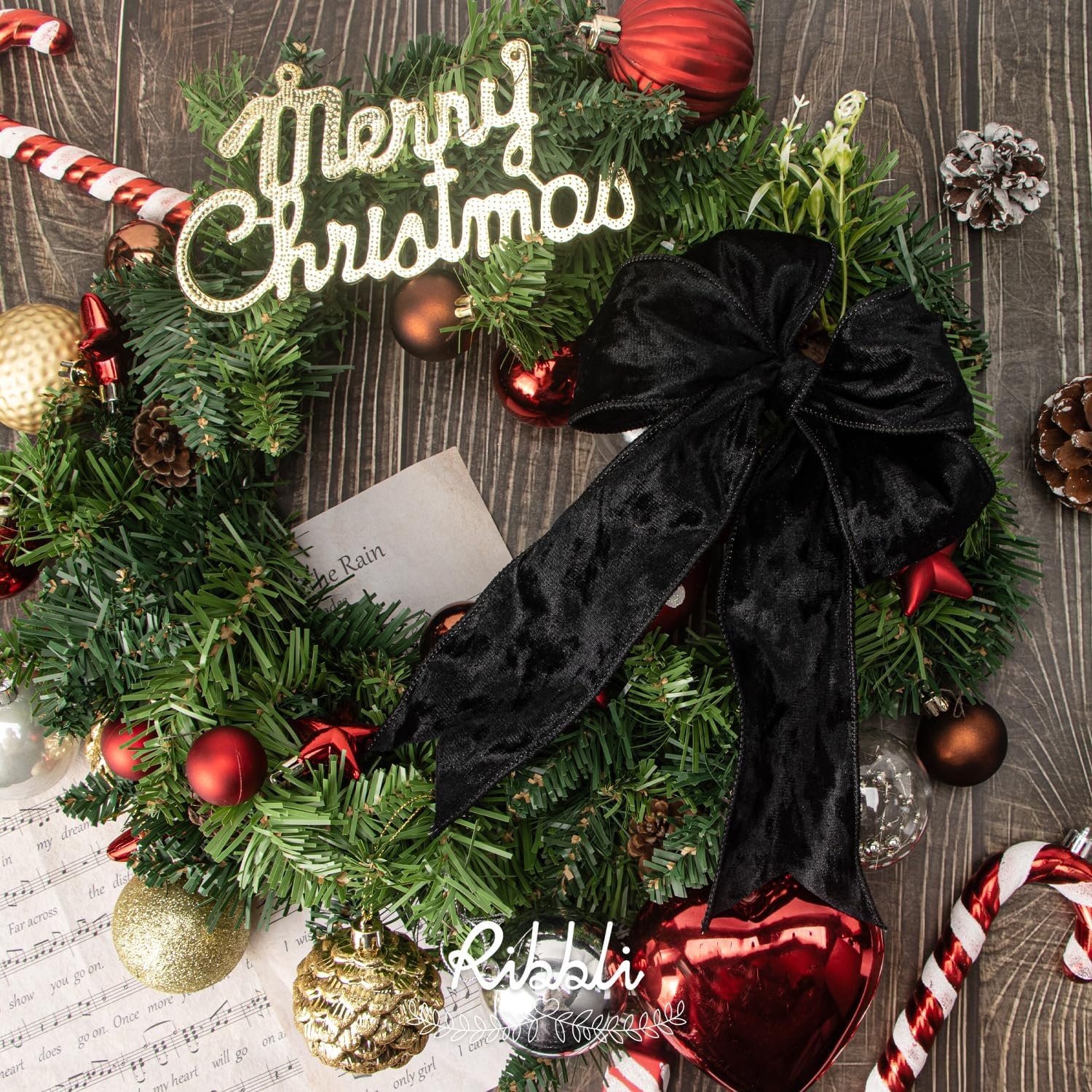 Ribbli Royal Blue Velvet Wired Ribbon 4 Inch Crushed Velvet Christmas Ribbon for Gift Wrapping Christmas Tree Decoration Crafts Wreaths Supplies-Continuous 10 Yards(Black)