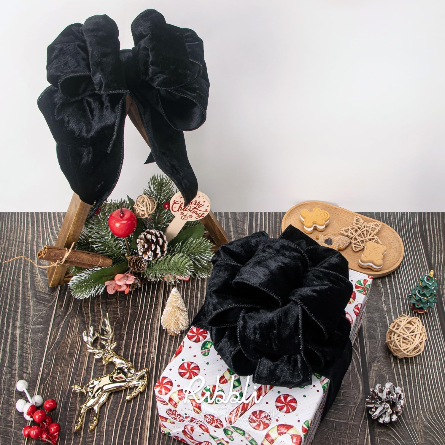 Ribbli Royal Blue Velvet Wired Ribbon 4 Inch Crushed Velvet Christmas Ribbon for Gift Wrapping Christmas Tree Decoration Crafts Wreaths Supplies-Continuous 10 Yards(Black)