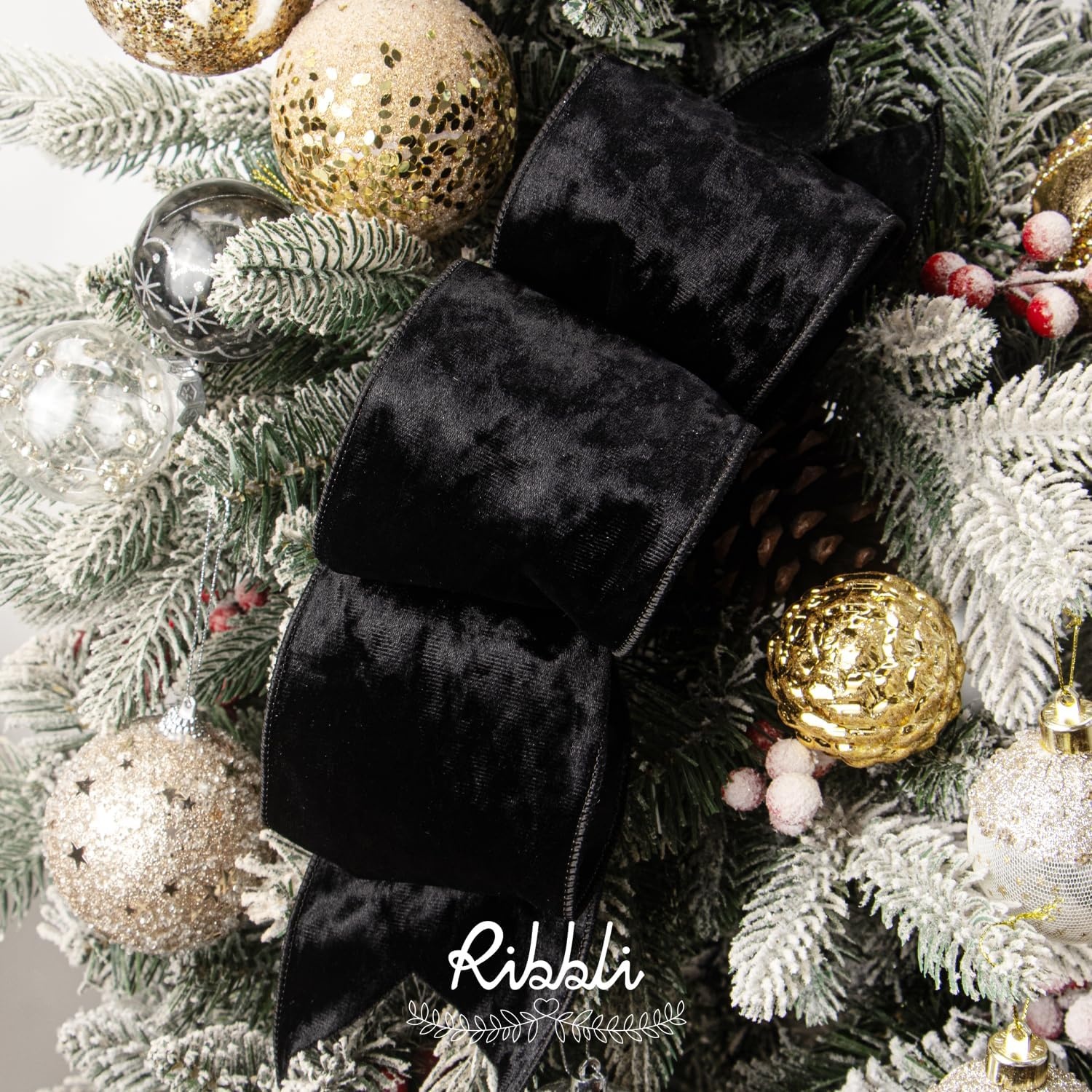 Ribbli Royal Blue Velvet Wired Ribbon 4 Inch Crushed Velvet Christmas Ribbon for Gift Wrapping Christmas Tree Decoration Crafts Wreaths Supplies-Continuous 10 Yards(Black)