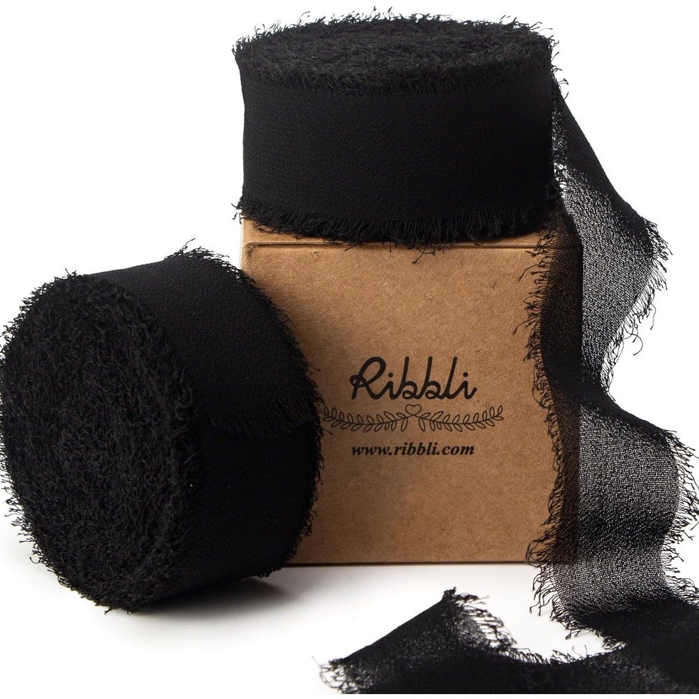 Ribbli Antique Mauve Chiffon Ribbon 1-1/2 inch x 20 Yard Handmade Fringe Chiffon Silk Ribbon,Black Ribbon for Wedding Invitations, Bridal Bouquets Wrapping, Flower Arrangement Decoration(Black)