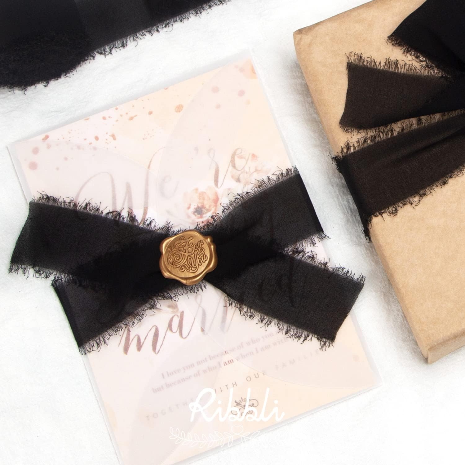 Ribbli Antique Mauve Chiffon Ribbon 1-1/2 inch x 20 Yard Handmade Fringe Chiffon Silk Ribbon,Black Ribbon for Wedding Invitations, Bridal Bouquets Wrapping, Flower Arrangement Decoration(Black)