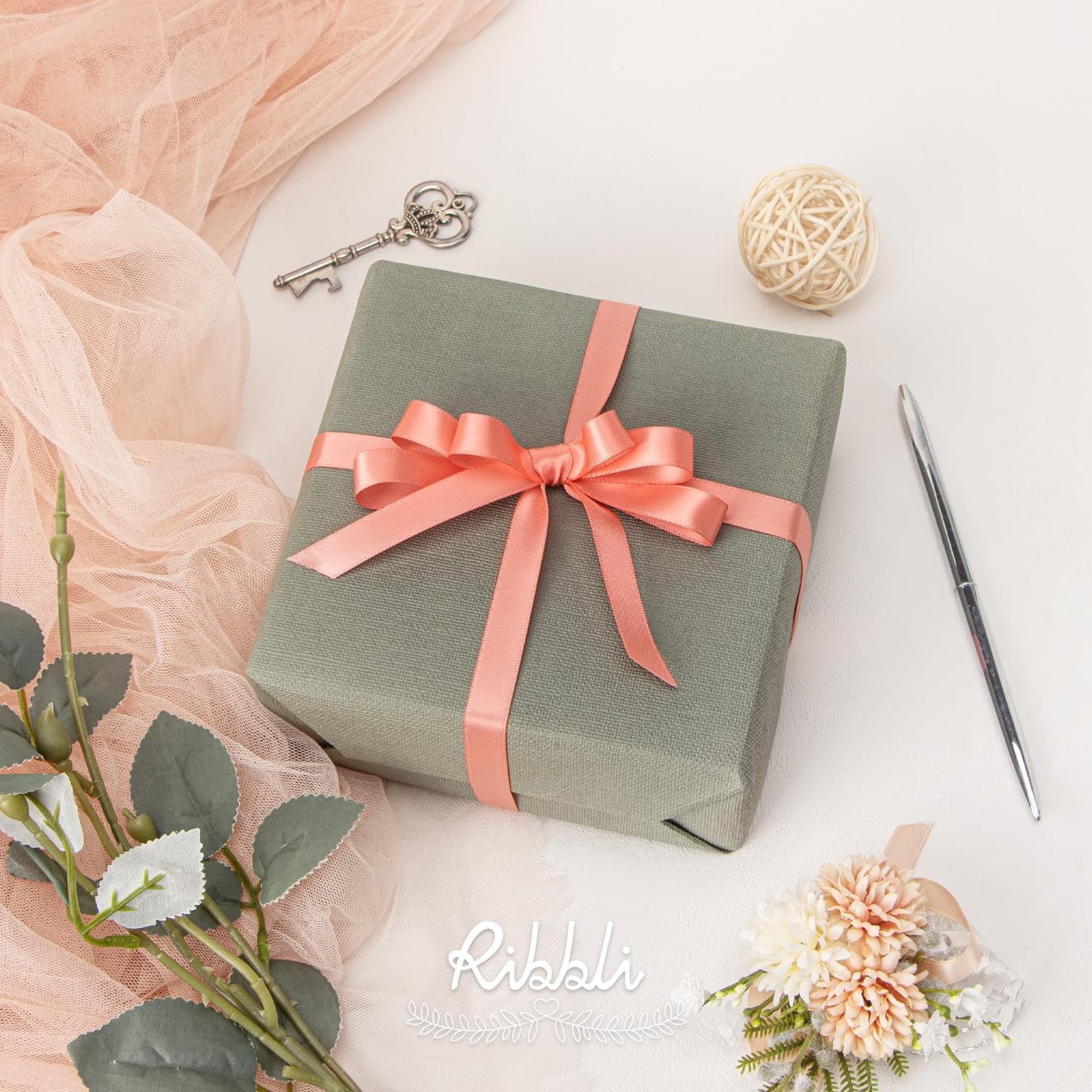 Ribbli Dusty Sage Satin Ribbon Double Faced Satin 1/2 inch x Continuous 50 Yards-Spring Moss Ribbon for Gift Wrapping Crafts Wedding Decoration Bows Bouquet Floral Arrangement(Light Coral)