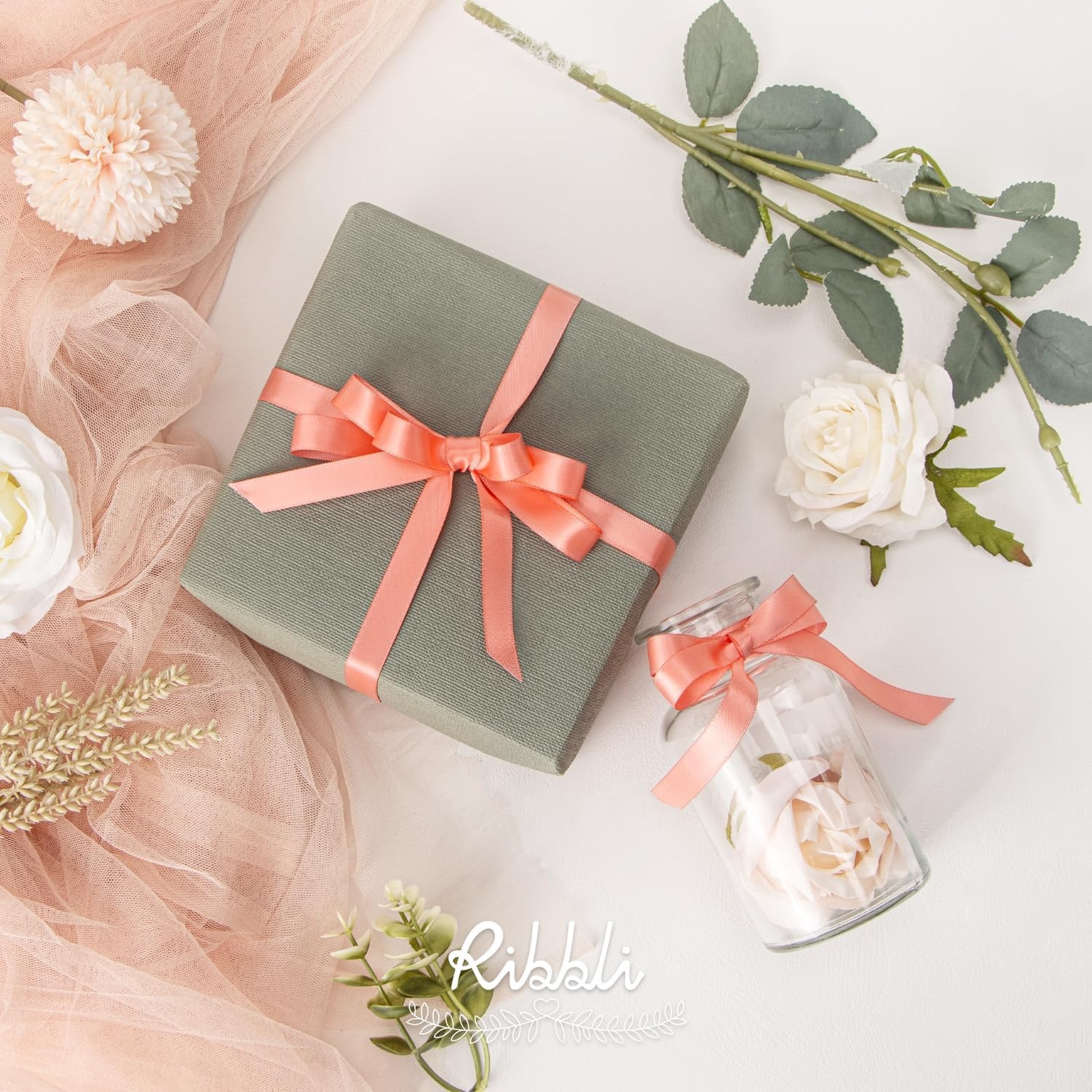 Ribbli Dusty Sage Satin Ribbon Double Faced Satin 1/2 inch x Continuous 50 Yards-Spring Moss Ribbon for Gift Wrapping Crafts Wedding Decoration Bows Bouquet Floral Arrangement(Light Coral)