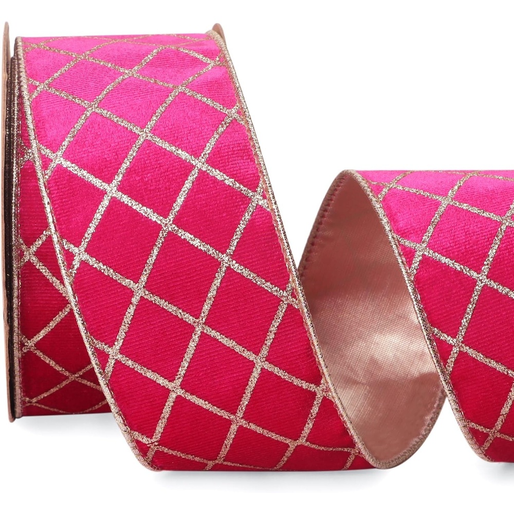 Ribbli Dusty Green Velvet Ribbon Wired with Glitter Diamond Grid 2-1/2 Inch Christmas Ribbon for Christmas Tree Decoration Big Bow Gift Wrapping Crafts Wreaths Garland Supplies – 10 Yards(Hot Pink)