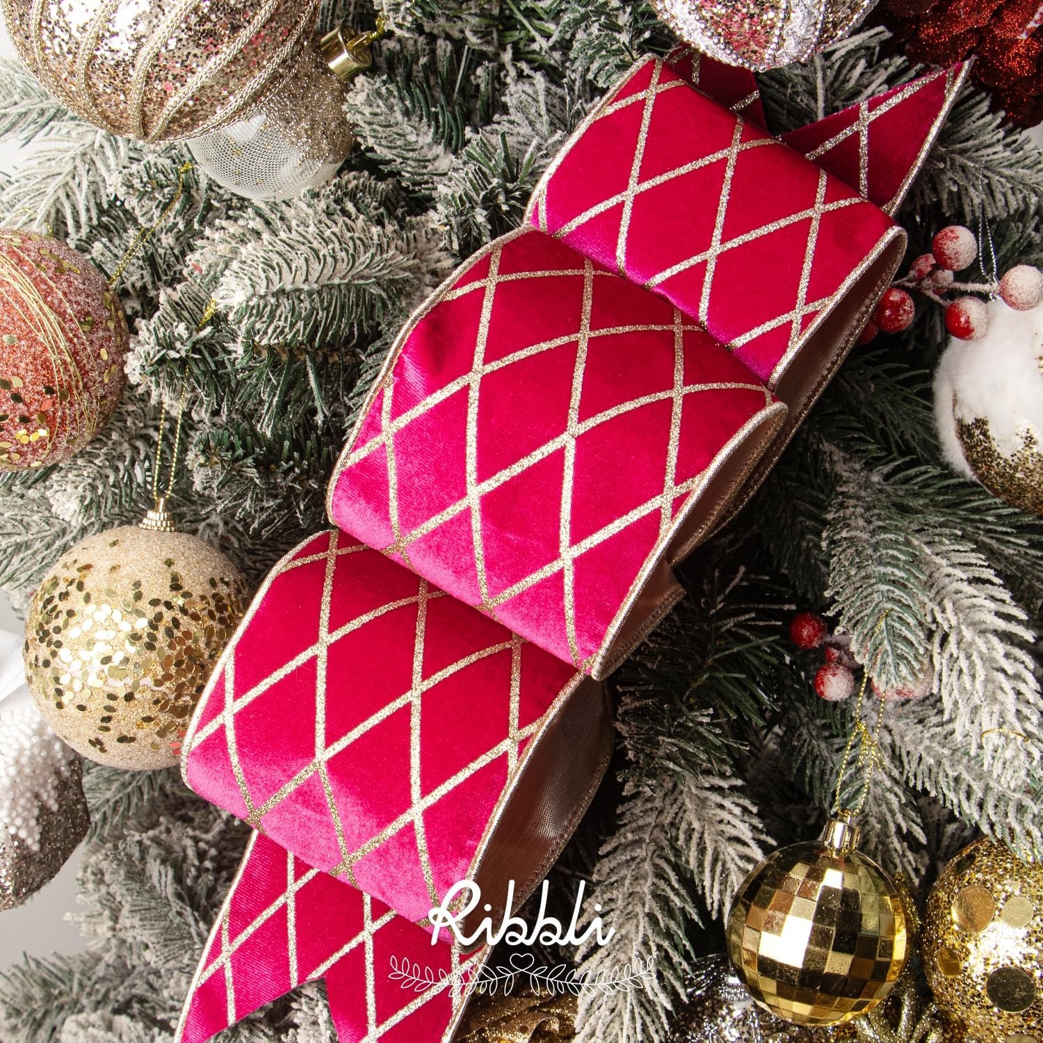 Ribbli Dusty Green Velvet Ribbon Wired with Glitter Diamond Grid 2-1/2 Inch Christmas Ribbon for Christmas Tree Decoration Big Bow Gift Wrapping Crafts Wreaths Garland Supplies – 10 Yards(Hot Pink)