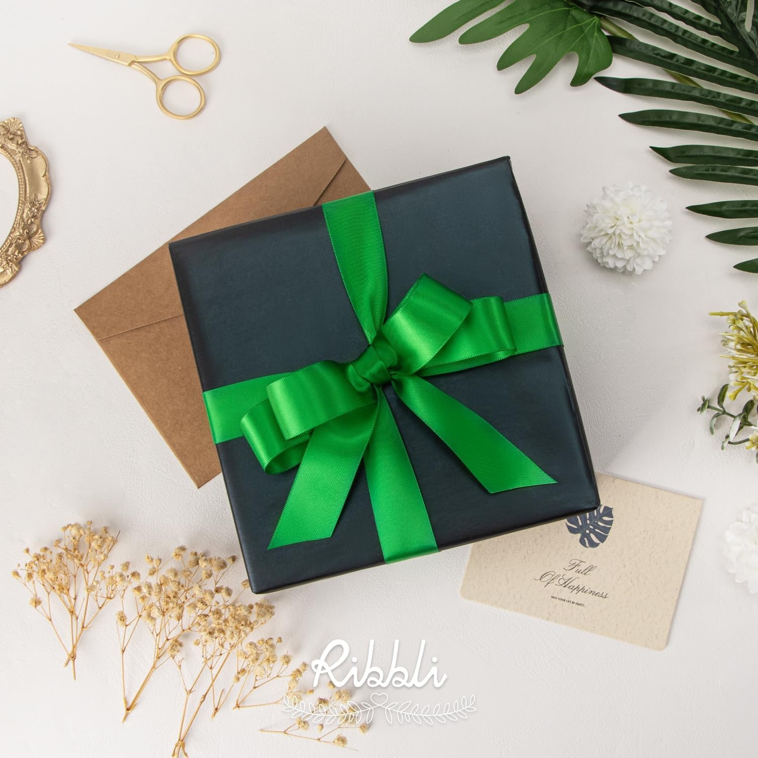Ribbli Double Faced Rose Gold Satin Ribbon,3/8 x Continuous 25 Yards,Use for Bows Bouquet,Gift Wrapping,Floral Arrangement(Green Emerald)