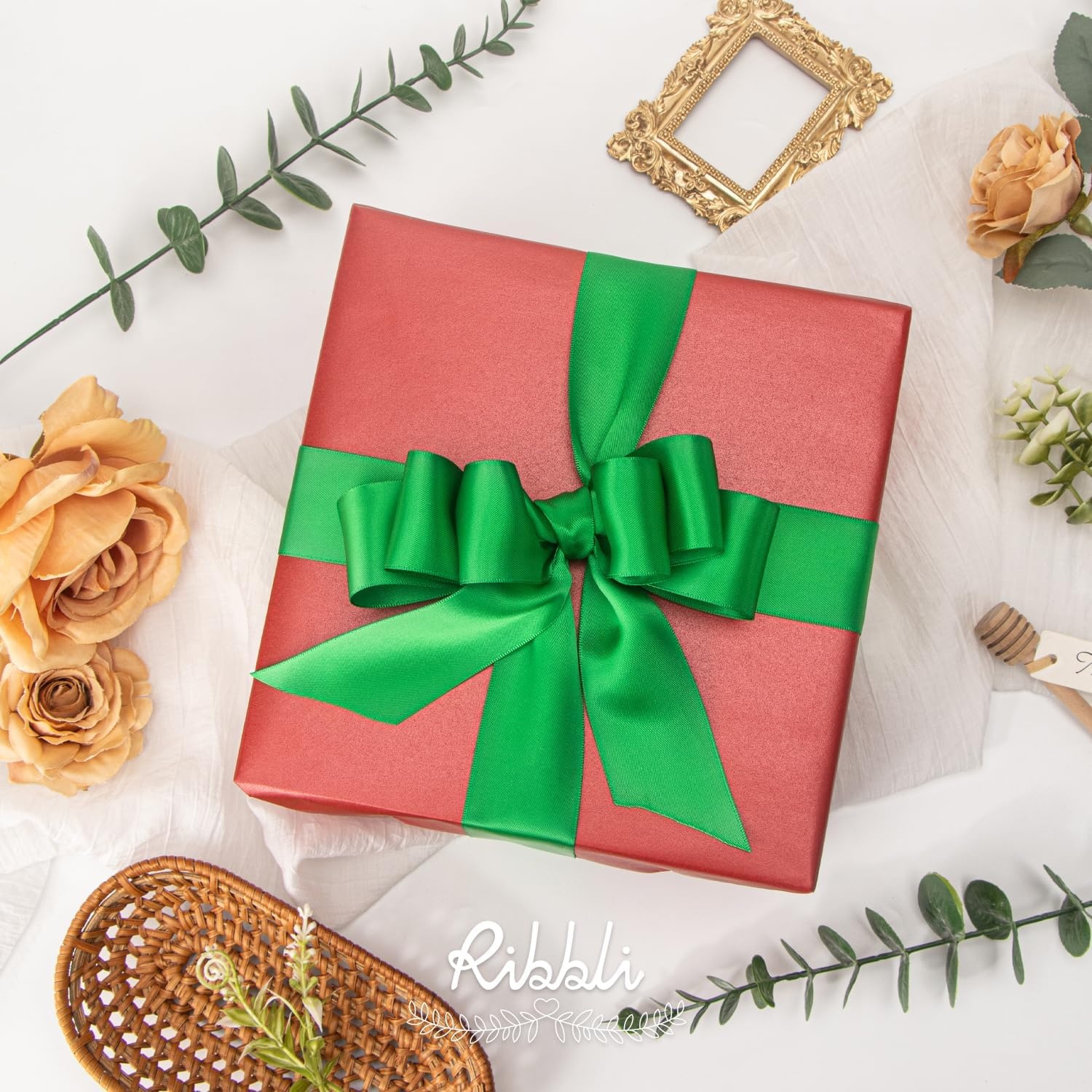 Ribbli Double Faced Rose Gold Satin Ribbon,3/8 x Continuous 25 Yards,Use for Bows Bouquet,Gift Wrapping,Floral Arrangement(Green Emerald)