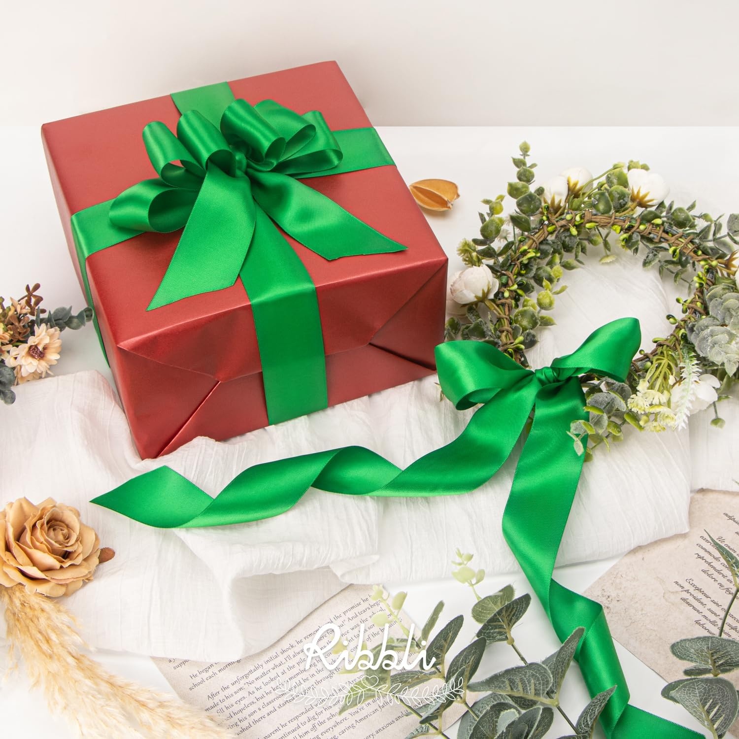 Ribbli Double Faced Rose Gold Satin Ribbon,3/8 x Continuous 25 Yards,Use for Bows Bouquet,Gift Wrapping,Floral Arrangement(Green Emerald)