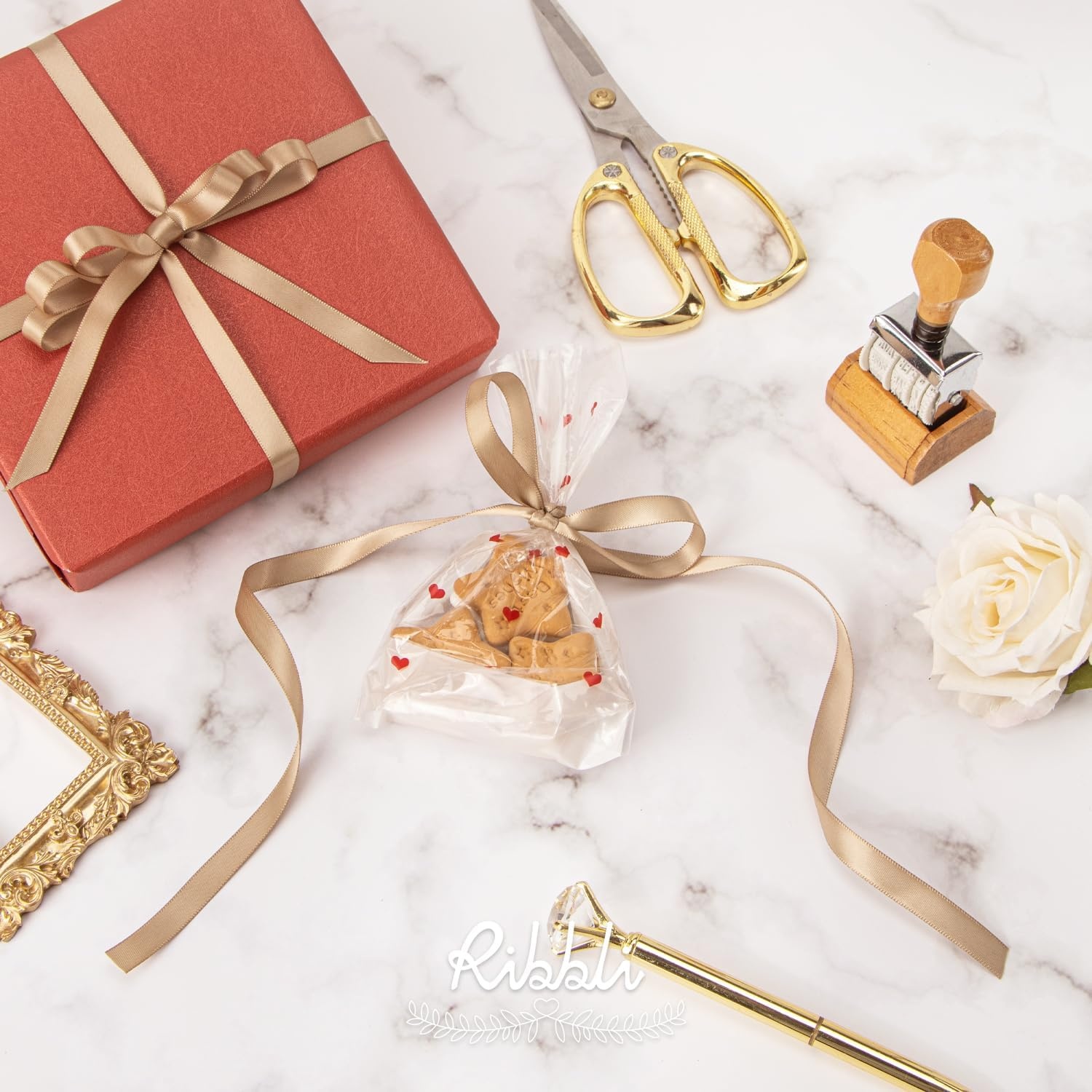 Ribbli Champagne Gold Satin Ribbon Double Faced Satin 3/8 Inch x Continuous 50 Yards-Champagne Ribbon for Gift Wrapping Crafts Wedding Decoration Bows Bouquet Floral Arrangement(Champagne Gold)