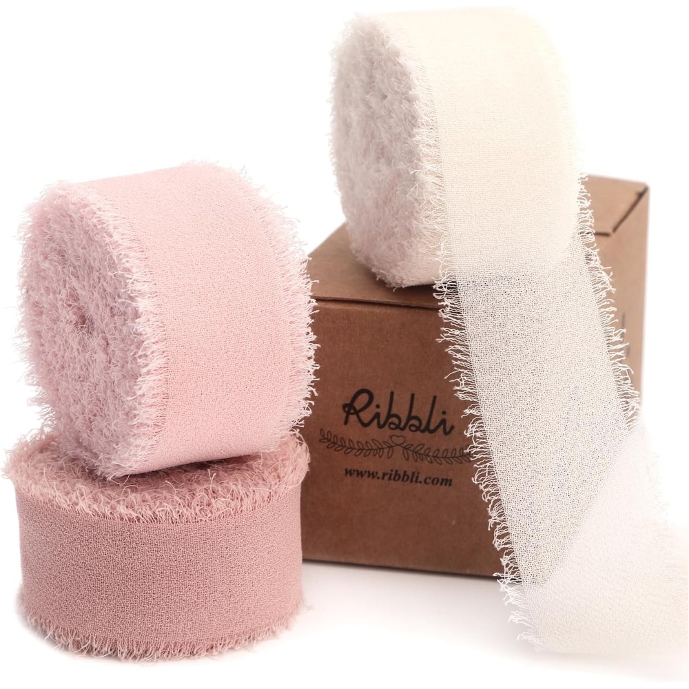 Ribbli Creamy Sage Ribbon 1 Inch x 3 Rolls Total 24 Yards Light Green Handmade Fringe Chiffon Silk Ribbon for Wrapping Wedding Invitations Bridal Bouquets DIY Crafts Home Decor(Cream/Blush/Rose Gold)