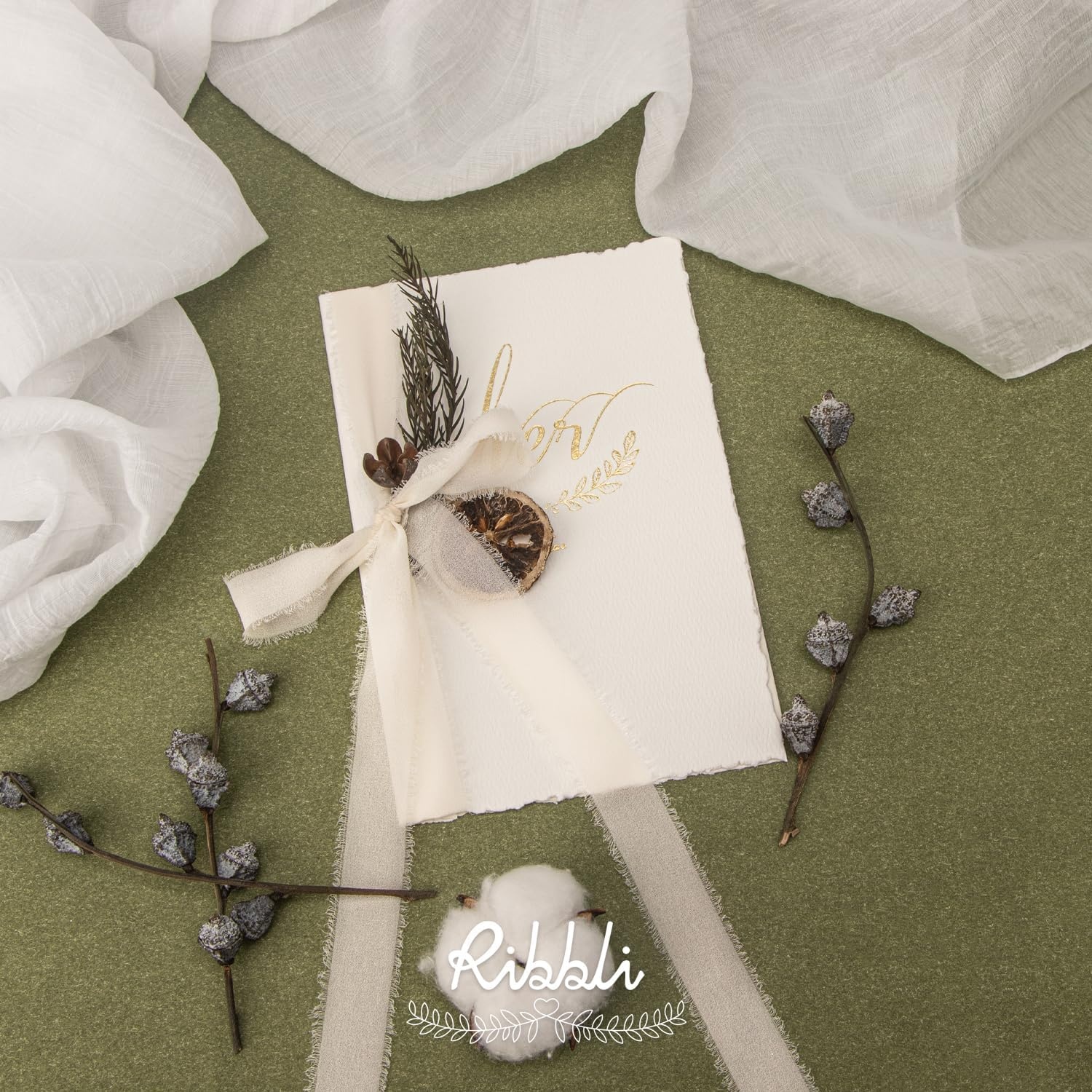 Ribbli Creamy Sage Ribbon 1 Inch x 3 Rolls Total 24 Yards Light Green Handmade Fringe Chiffon Silk Ribbon for Wrapping Wedding Invitations Bridal Bouquets DIY Crafts Home Decor(Cream/Blush/Rose Gold)